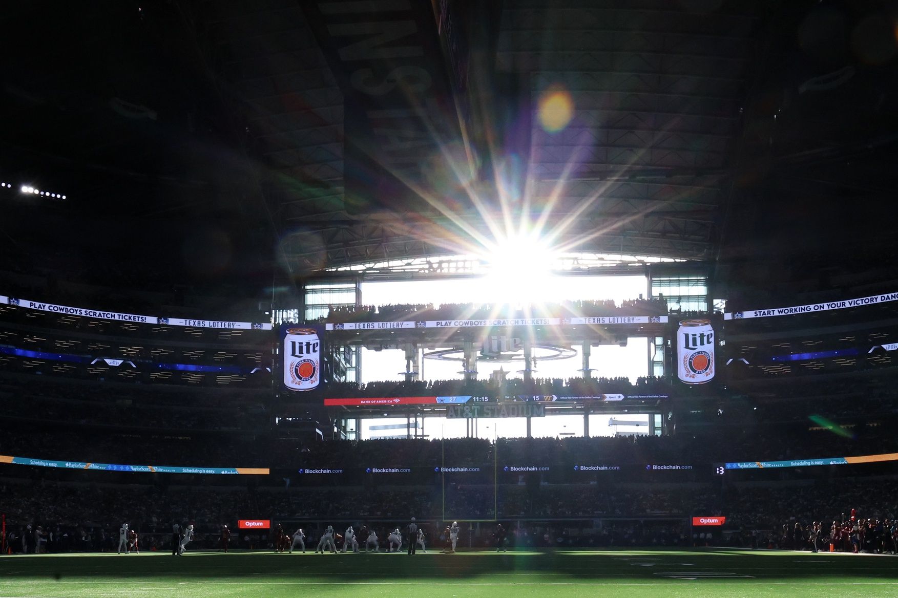 The Dallas Cowboys offense takes on the Washington Commanders defense during the third quarter of the game at AT&T Stadium.