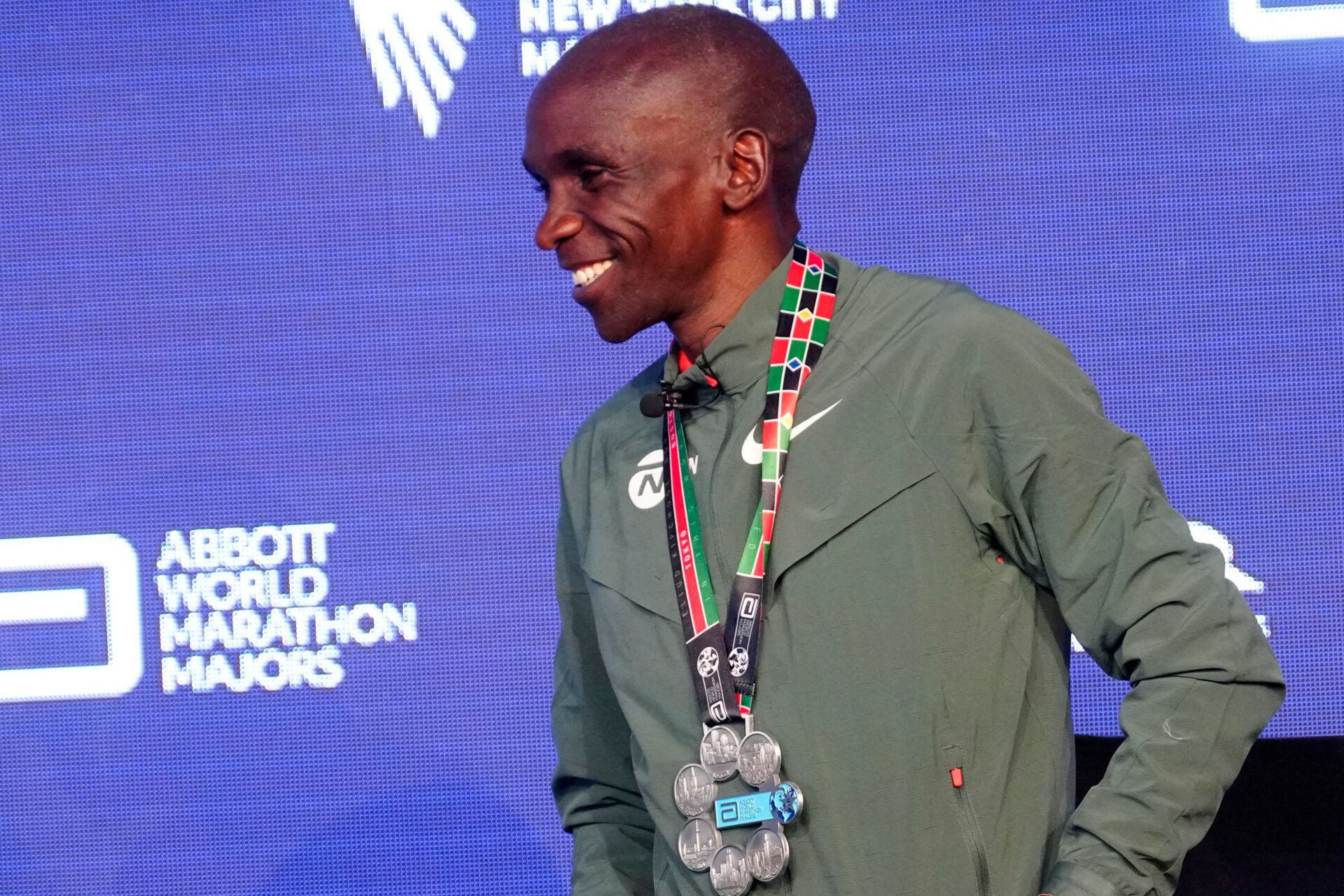 Nov. 2, 2025; New York, NY, USA;  Eliud Kipchoge is shown after receiving his six-star medal for completing the original six  Abbott World Marathon Majors during after finishing the 2025 New York City Marathon.