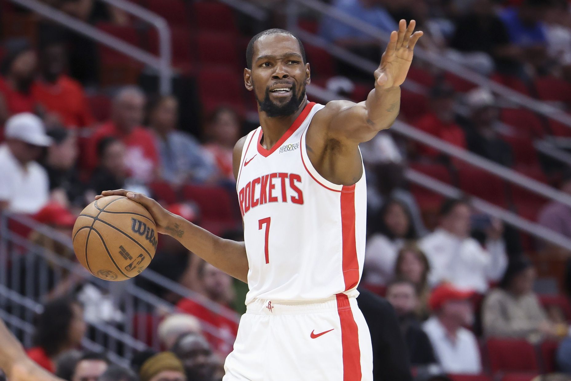 Houston Rockets forward Kevin Durant (7) dribbles the ball during the third quarter against the Utah Jazz at Toyota Center.