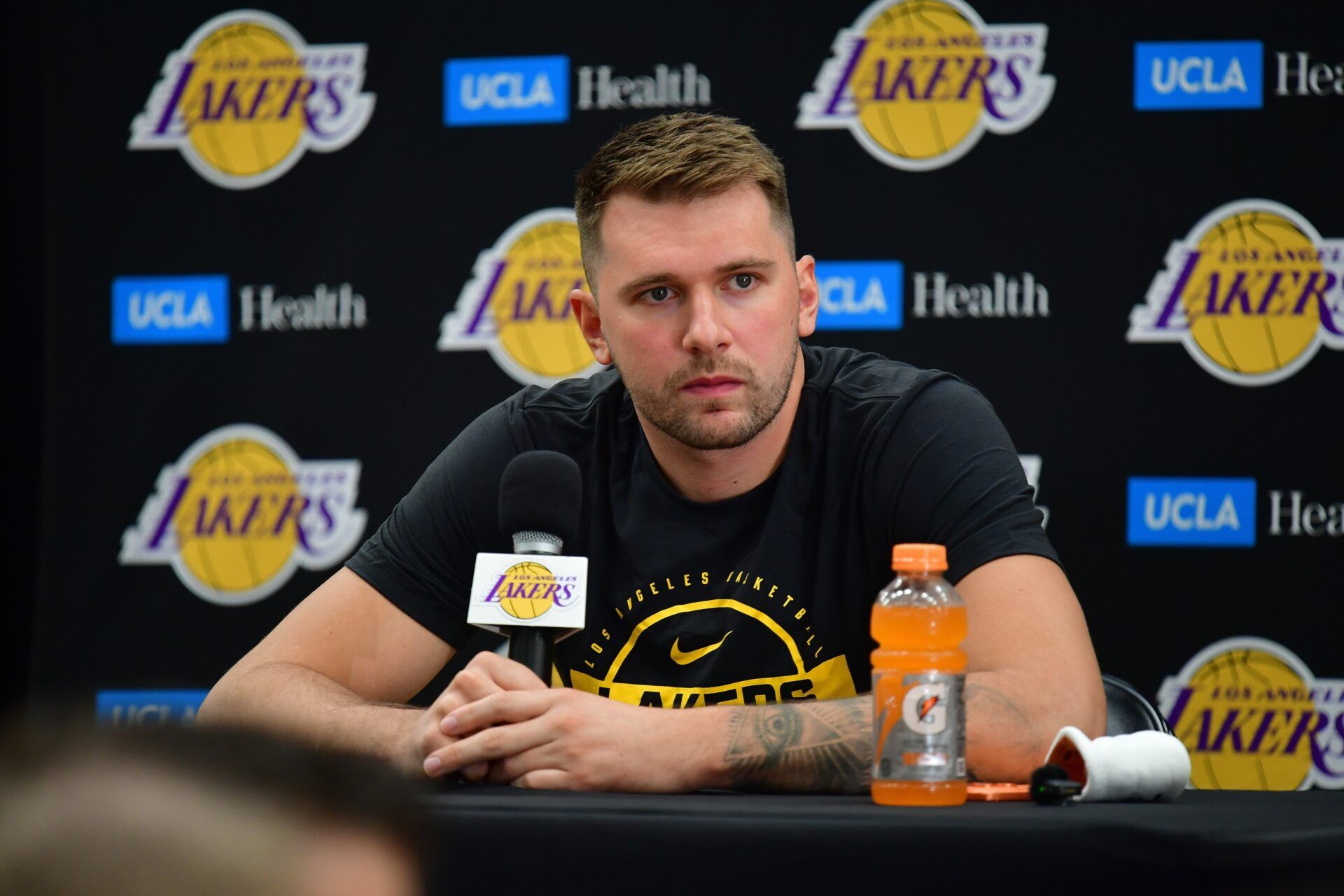 Los Angeles Lakers guard Luka Doncic (77) during media day at UCLA Health Training Center.