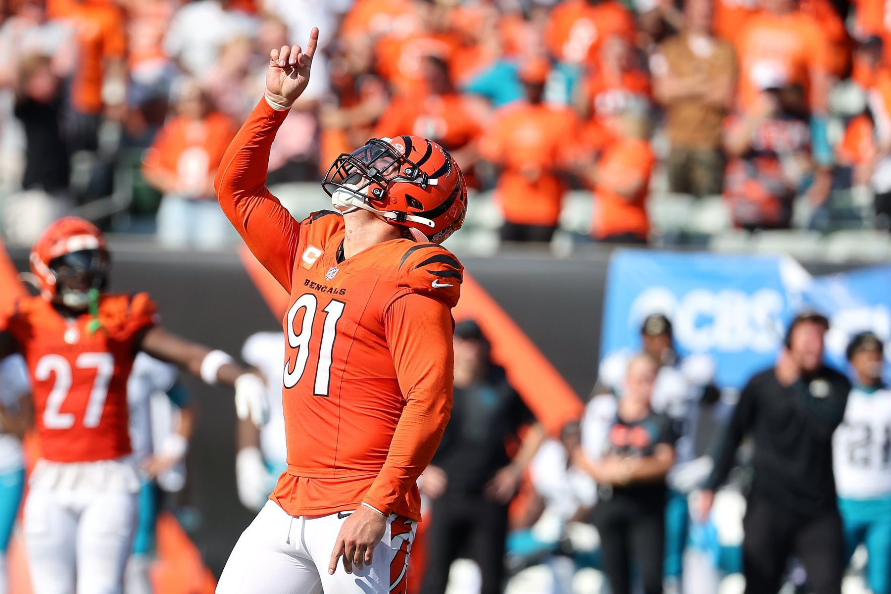 Cincinnati Bengals defensive end Trey Hendrickson (91) celebrates his sack during the fourth quarter against the Jacksonville Jaguars at Paycor Stadium.