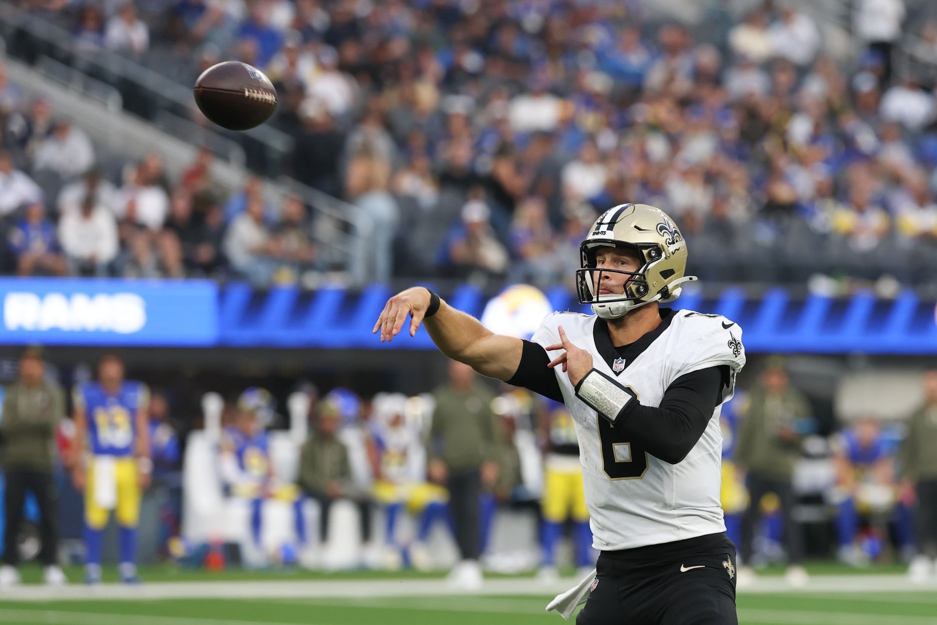 New Orleans Saints quarterback Tyler Shough (6) throws a pass against the Los Angeles Rams during the second half at SoFi Stadium.