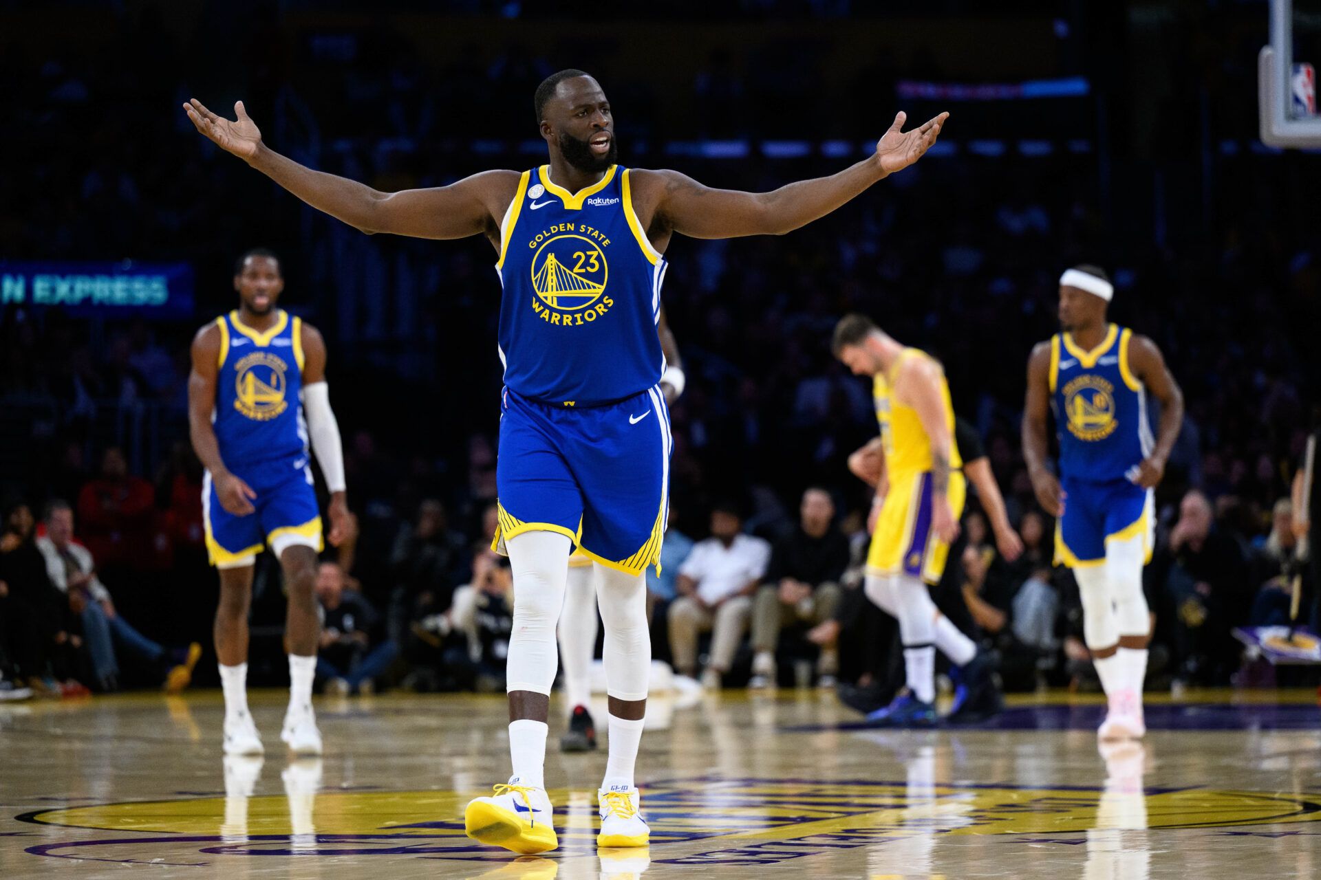 Golden State Warriors forward Draymond Green (23) reacts during the first half against the Los Angeles Lakers at Crypto.com Arena.