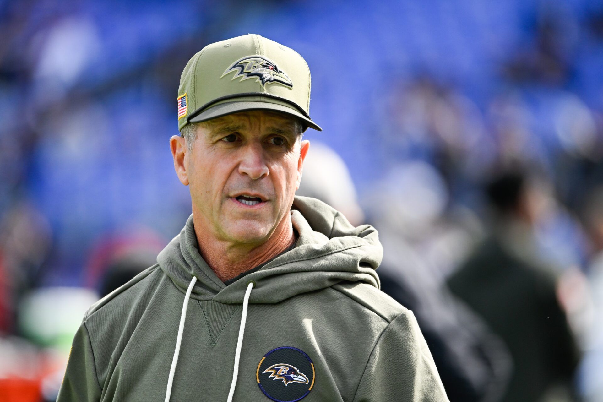 Baltimore Ravens head coach John Harbaugh looks on before the game against the Chicago Bears at M&T Bank Stadium.