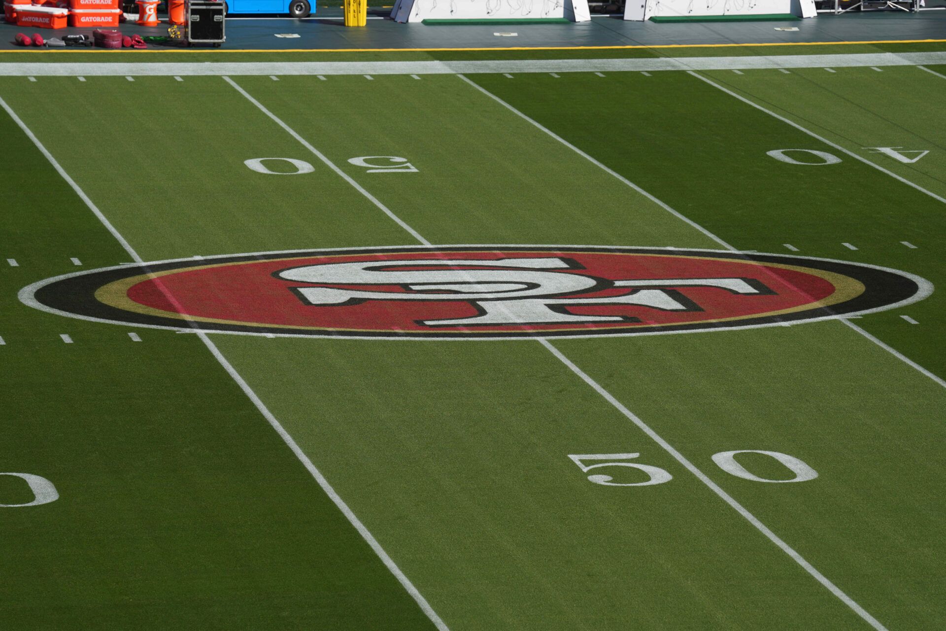 The San Francisco 49ers logo is painted on the field before the game against the Atlanta Falcons at Levi's Stadium.