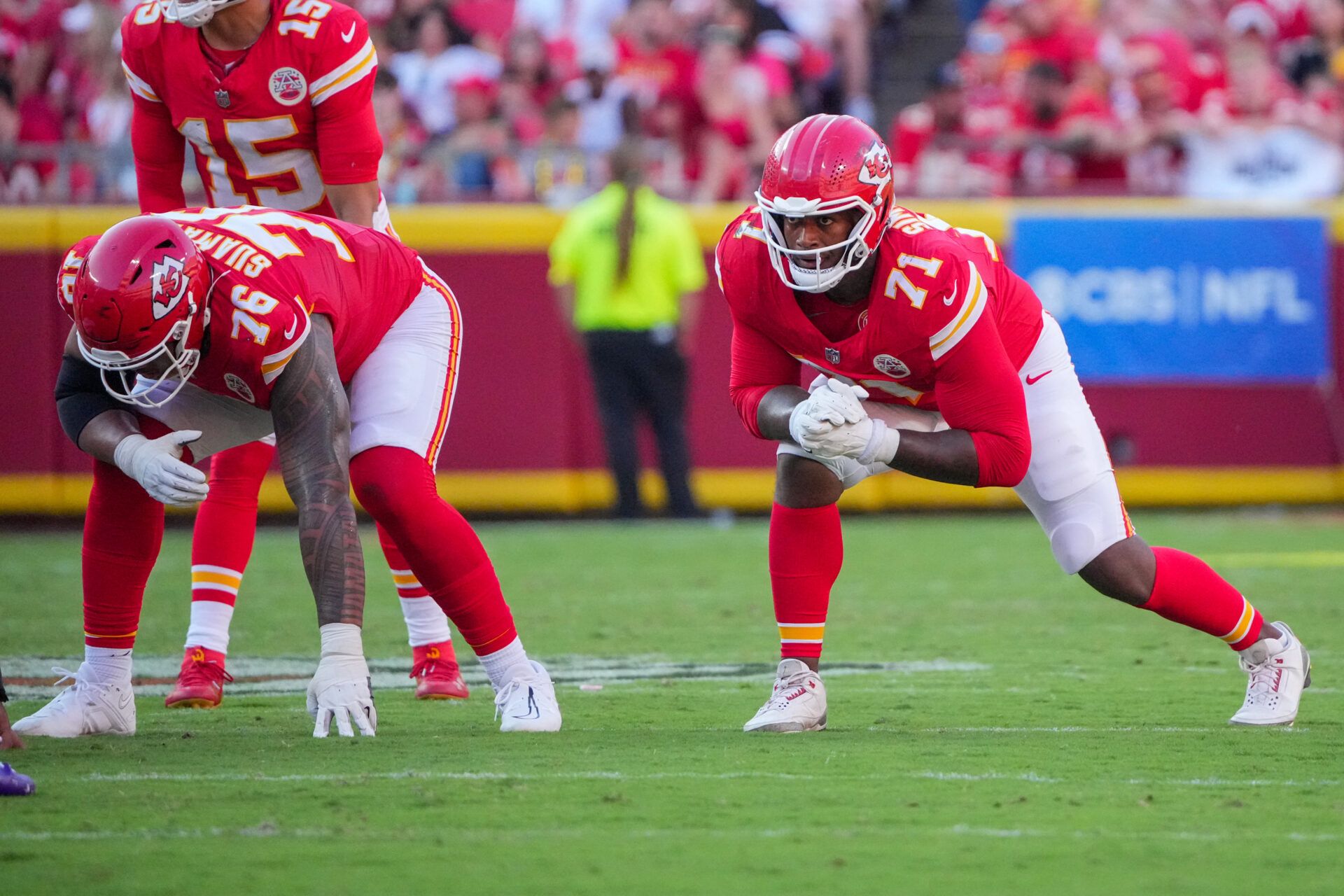 Kansas City Chiefs offensive tackle Kingsley Suamataia (76) and offensive tackle Josh Simmons (71) at the line of scrimmage against the Baltimore Ravens during the game at GEHA Field at Arrowhead Stadium.
