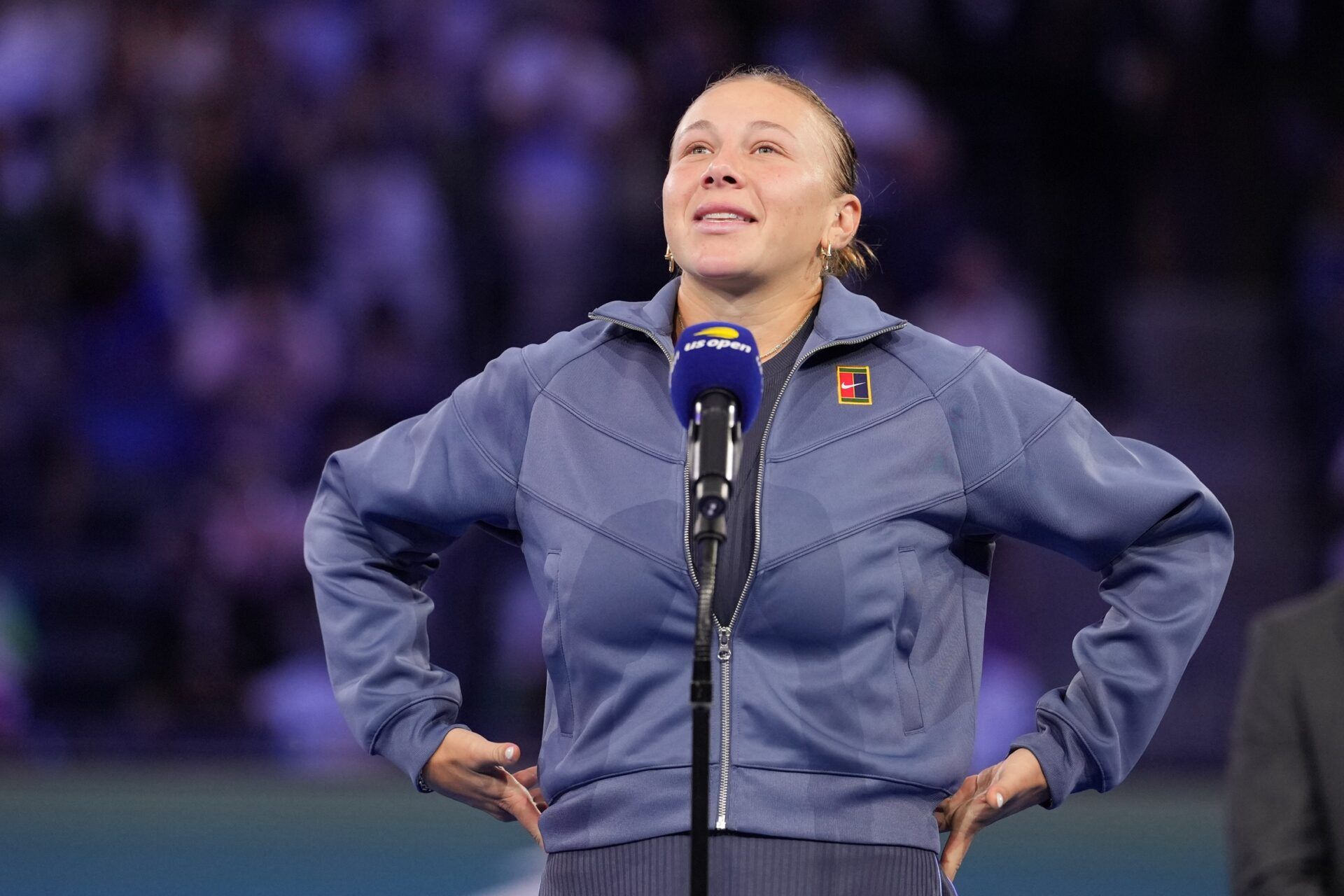 Amanda Anisimova (USA) speak to the crowd following her loss to Aryna Sabalenka (not pictured) in the women's singles final of the 2025 US Open tennis championships at Billie Jean King National Tennis Center.