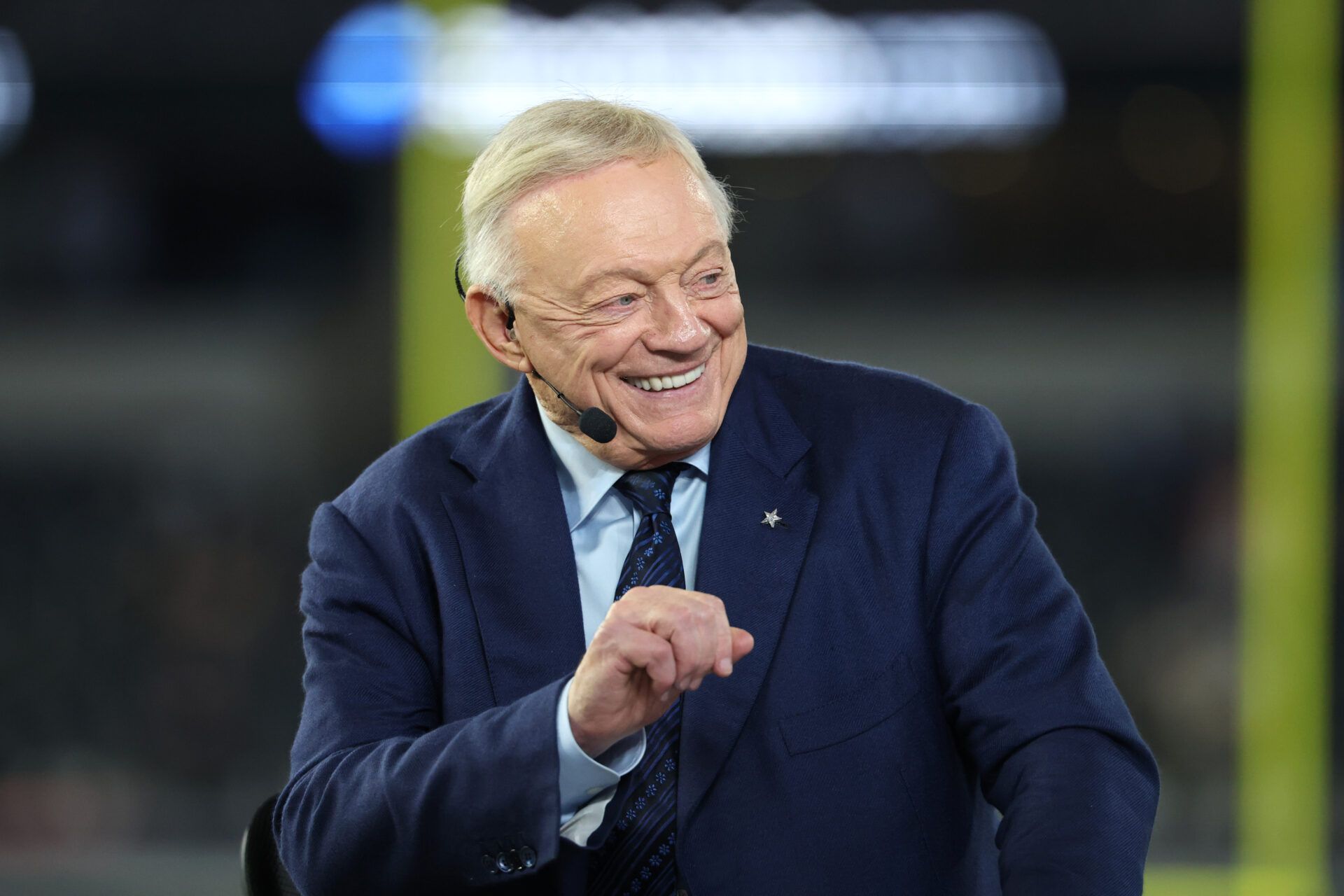 Dallas Cowboys owner Jerry Jones talks before the game against the Arizona Cardinals at AT&T Stadium.