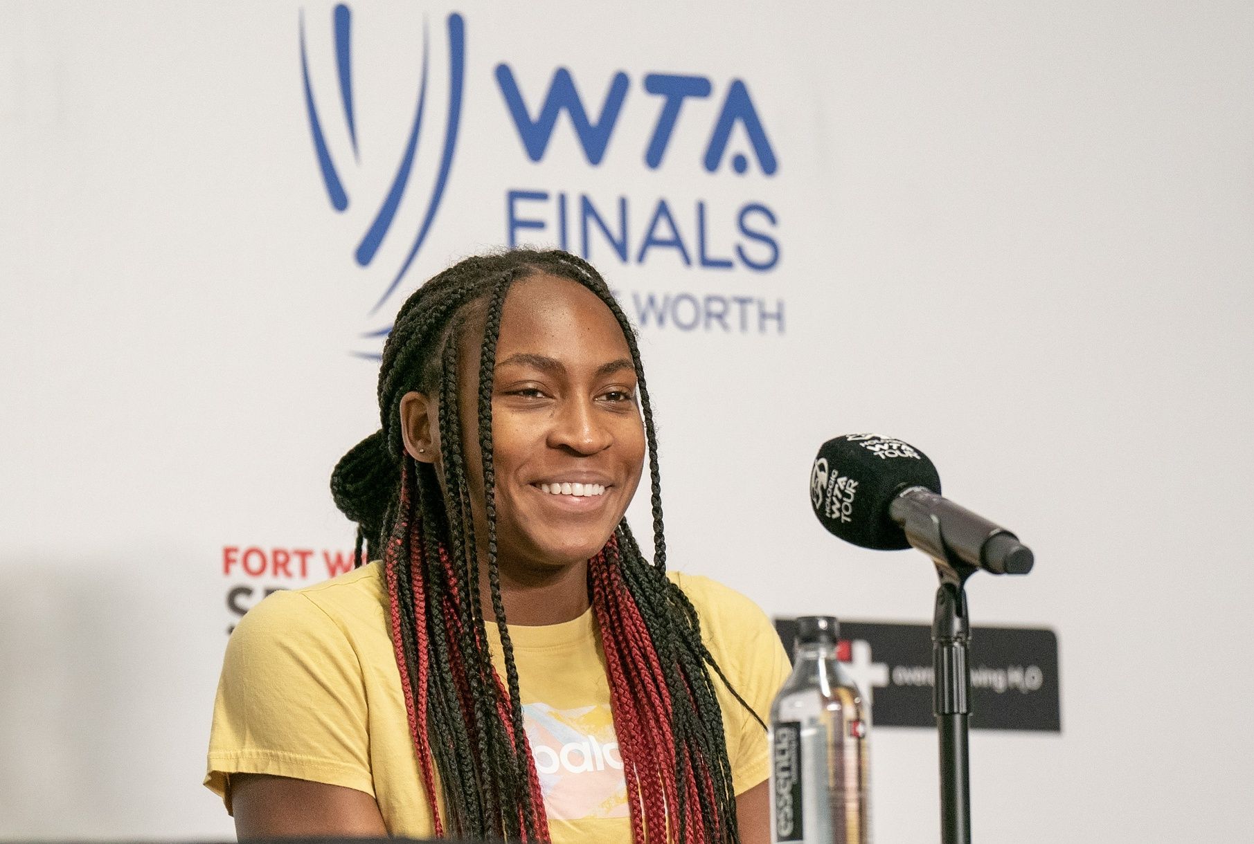 Coco Gauff (USA) speaks during a press conference after a loss against Iga Swiatek (POL) on day six of the WTA Finals at Dickies Arena.
