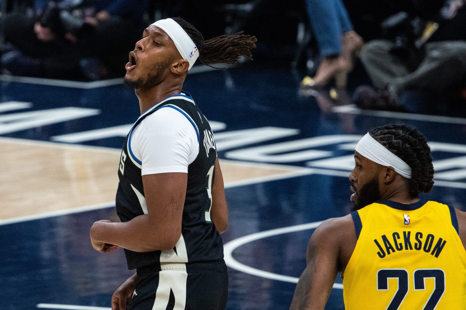 Milwaukee Bucks center/forward Myles Turner (3) celebrates a basket in the first half against the Indiana Pacers at Gainbridge Fieldhouse.