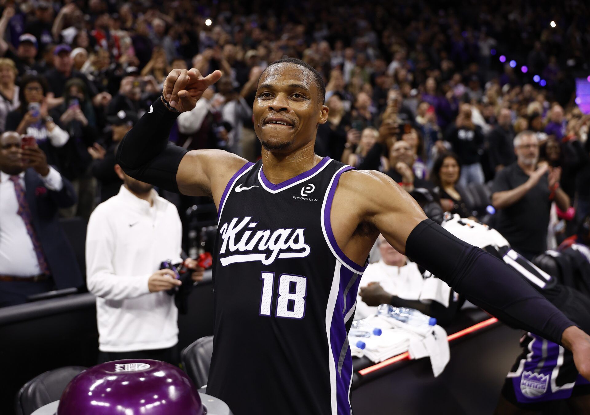 Sacramento Kings guard Russell Westbrook (18) prepares to light the beam after a win against the Utah Jazz at Golden 1 Center.