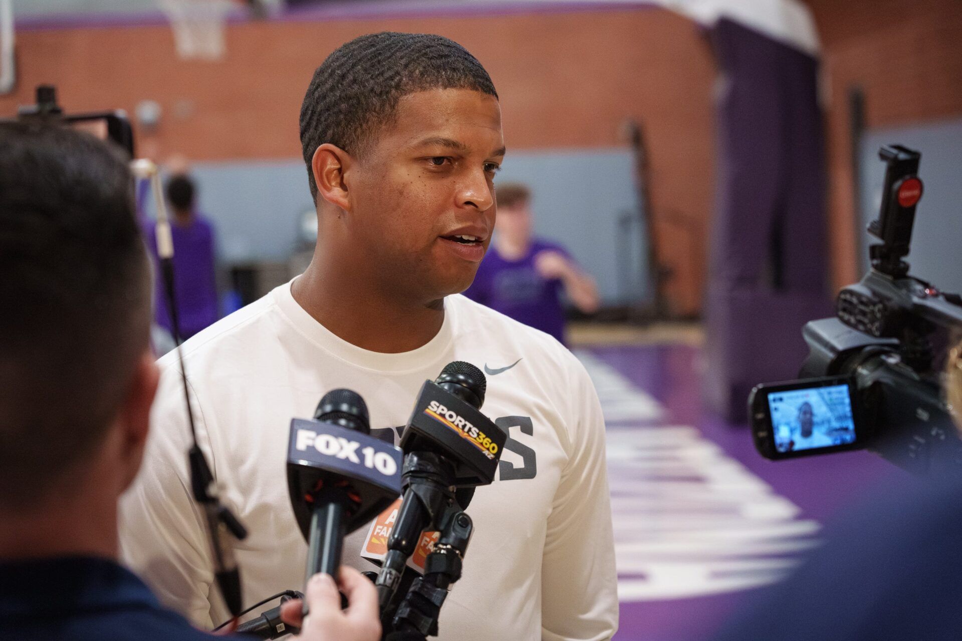 Grand Canyon University women's basketball coach Winston Gandy speaks to reporters at the GCU practice courts on July 24, 2025, in Phoenix, Ariz.