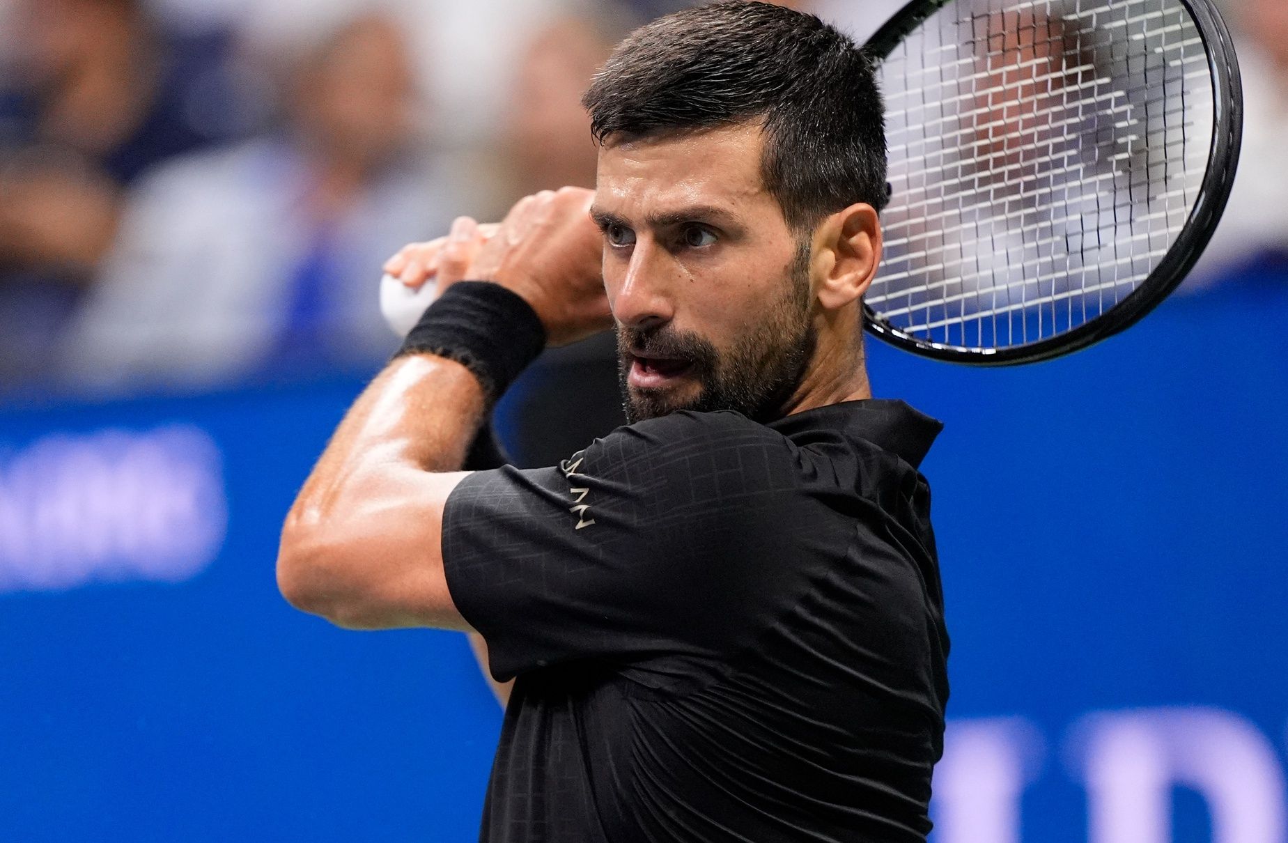 Novak Djokovic (SRB) hits to Taylor Fritz (USA) (not pictured) on day ten of the 2025 U.S. Open tennis tournament at the USTA Billie Jean King National Tennis Center.