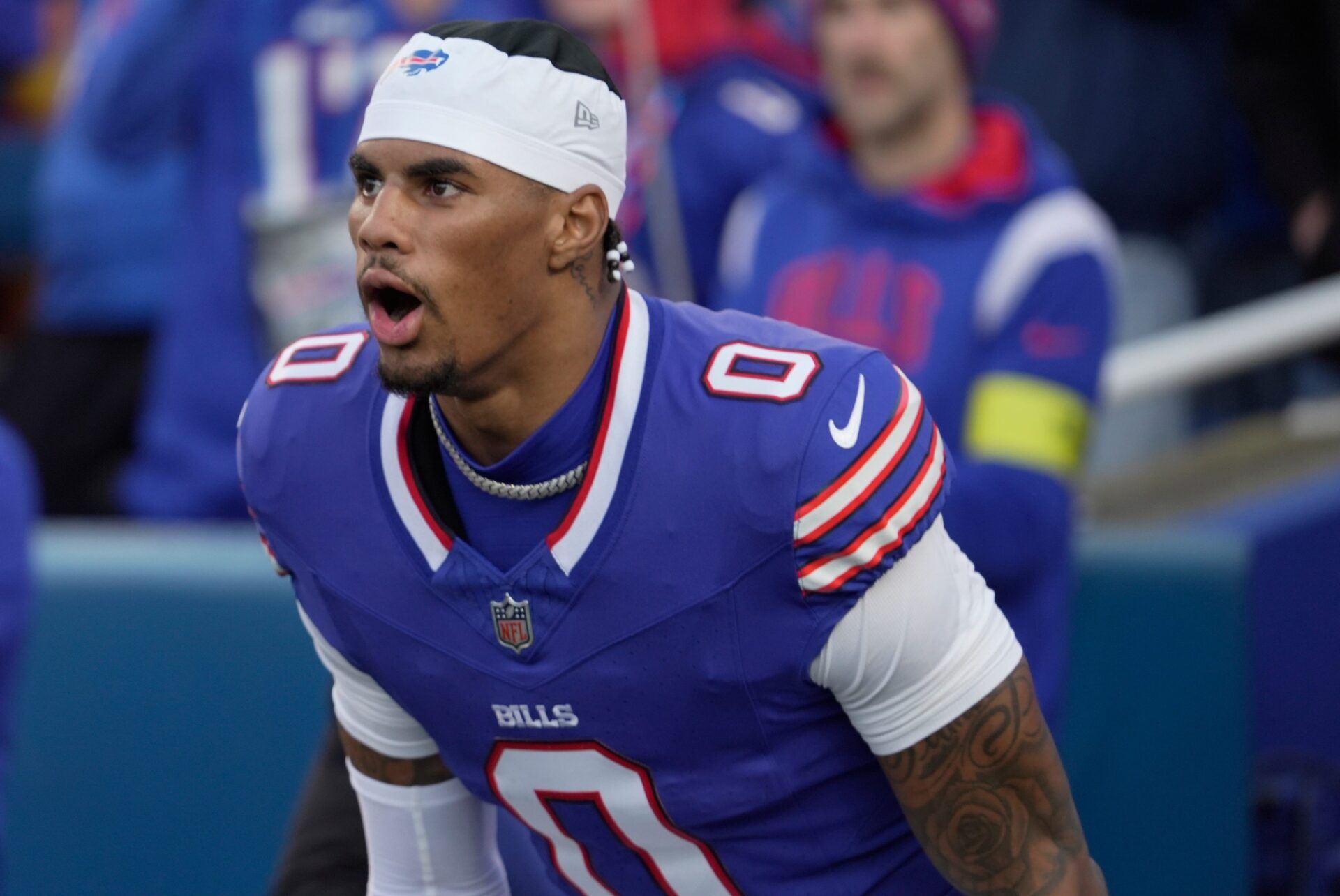 Buffalo Bills wide receiver Keon Coleman yells as he takes the field during team introductions before their home game against the Kansas City Chiefs at Highmark Stadium in Orchard Park on Nov. 2, 2025.