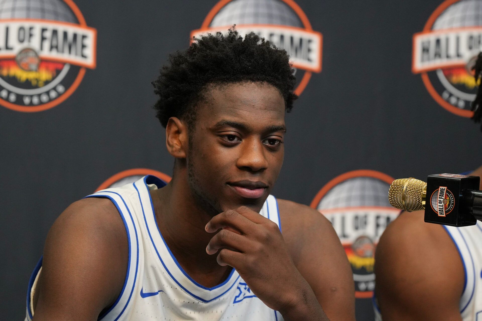 BYU Cougars forward AJ Dybantsa (3) speaks during a press conference after the Hall of Fame Series game against the Villanova Wildcats at T-Mobile Arena.