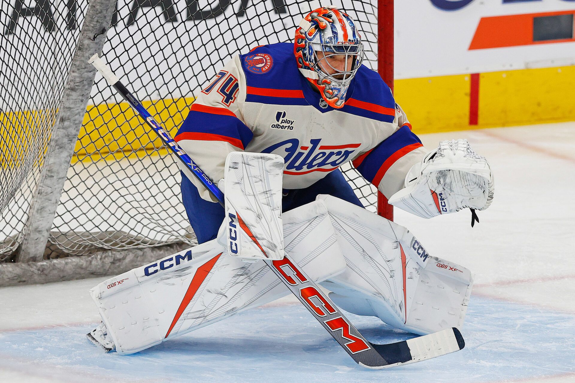Edmonton Oilers goaltender Stuart Skinner (74) makes a save during warmup against the Utah Mammoth at Rogers Place.