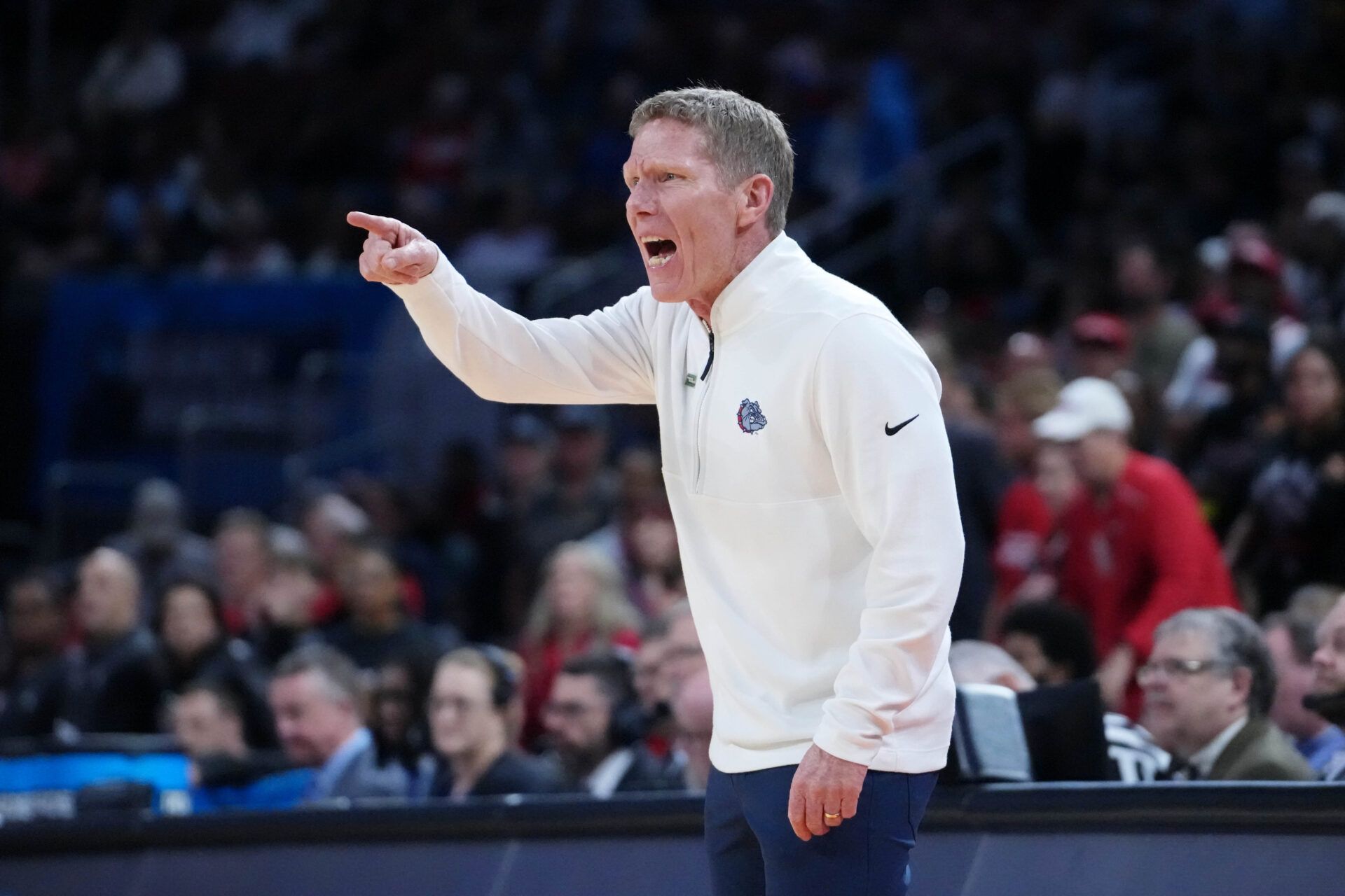 Gonzaga Bulldogs head coach Mark Few reacts after a play against the Houston Cougars during the first half at Intrust Bank Arena.