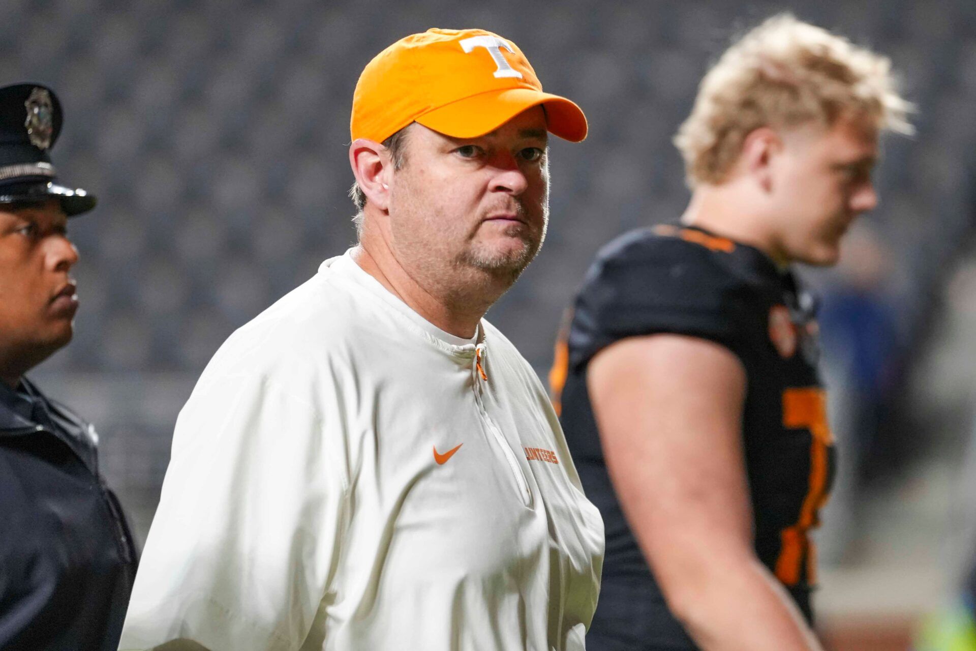 Tennessee coach Josh Heupel after a NCAA football game between the Tennessee Volunteers and Oklahoma Sooners at Neyland Stadium in Knoxville, Tenn., on November 1, 2025.