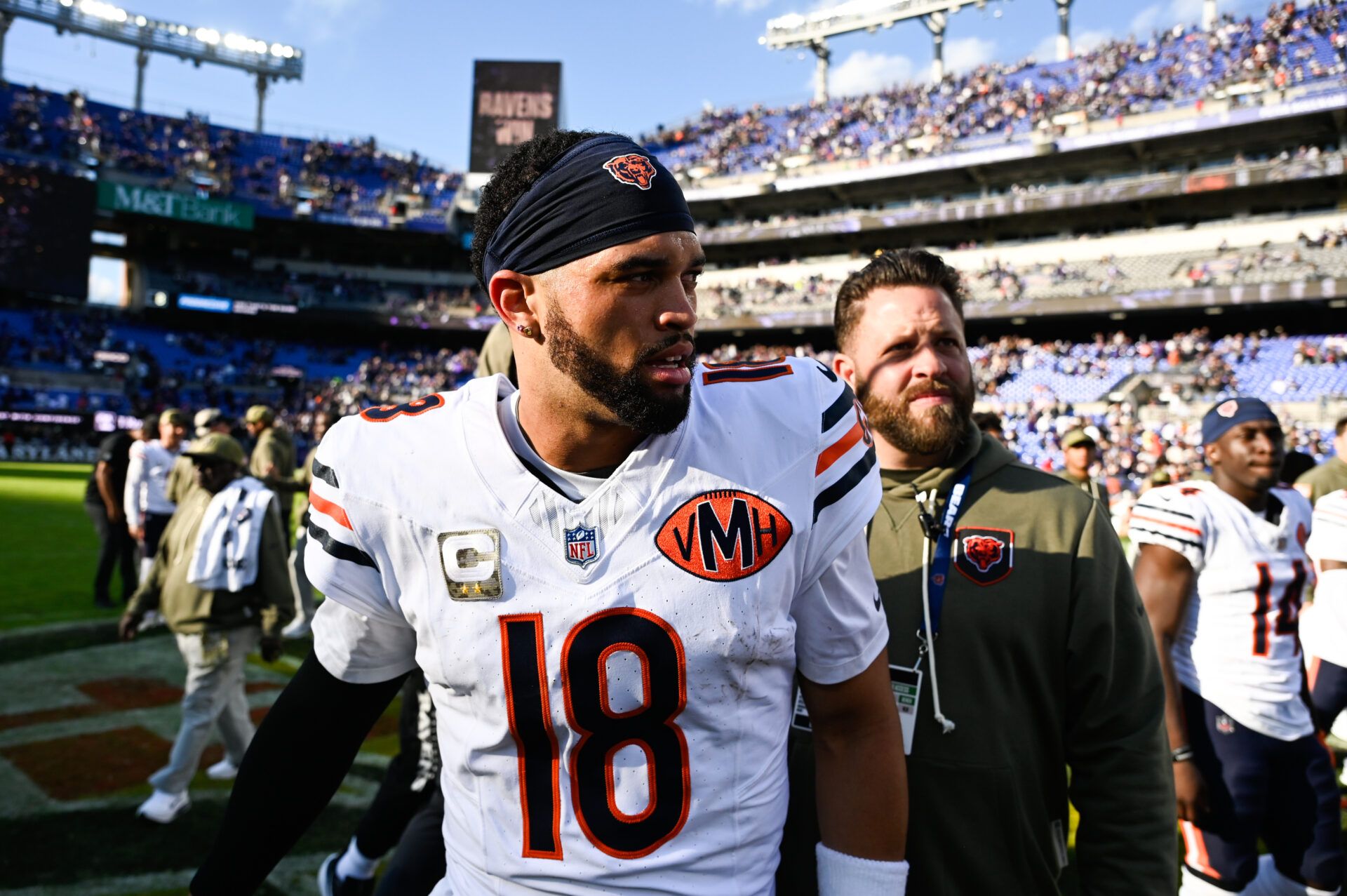 Chicago Bears quarterback Caleb Williams (18) looks on after the game against the Baltimore Ravens at M&T Bank Stadium.