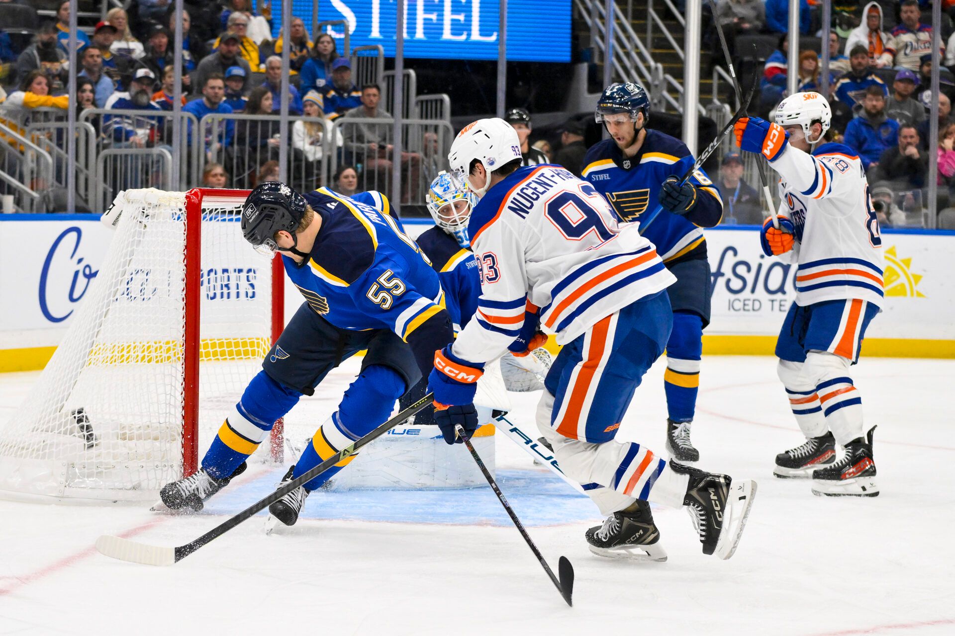 St. Louis Blues defenseman Colton Parayko (55) defends the net against Edmonton Oilers center Ryan Nugent-Hopkins (93) during the third period at Enterprise Center.