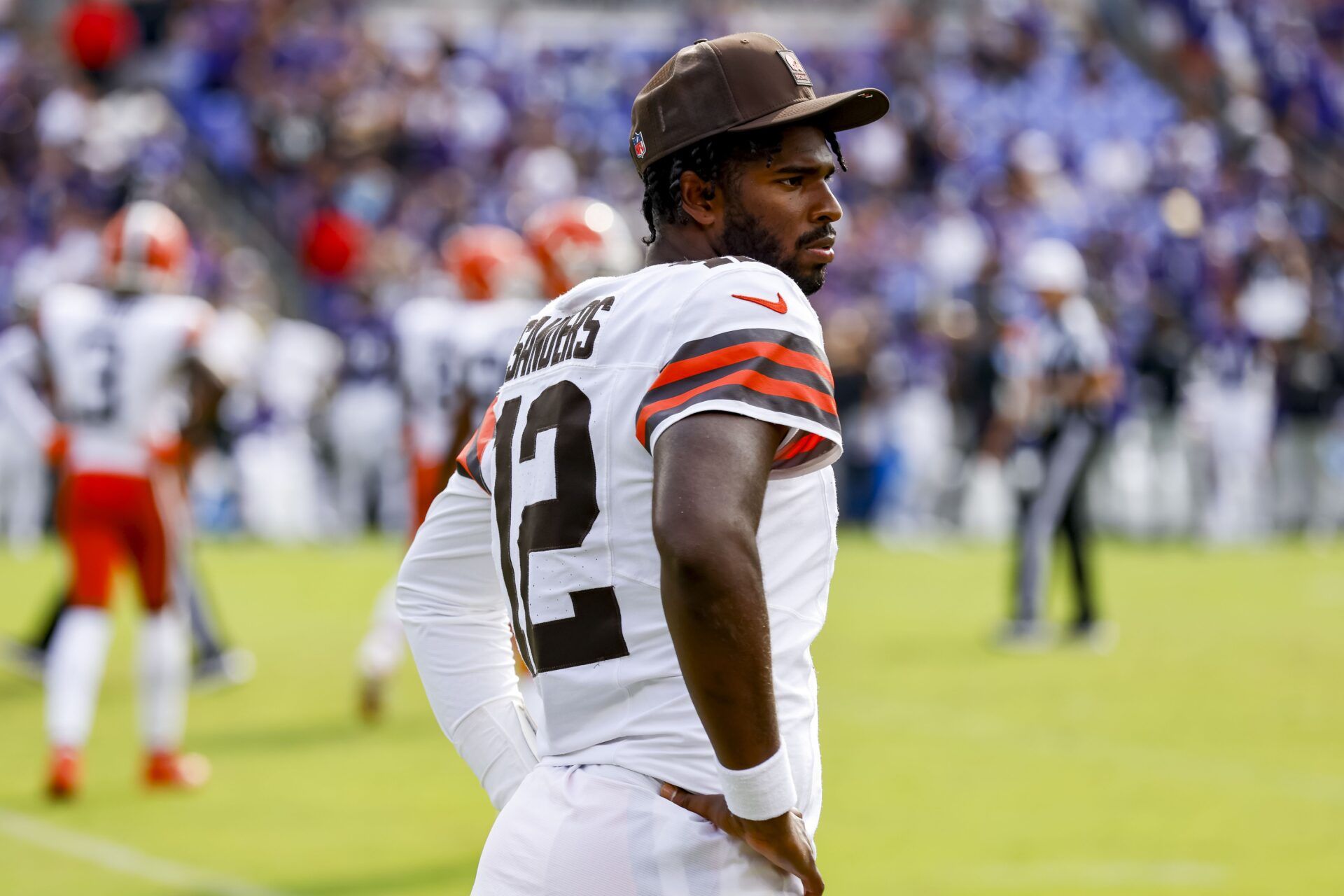 Cleveland Browns quarterback Shedeur Sanders (12) after the game against the Baltimore Ravens at M&T Bank Stadium.