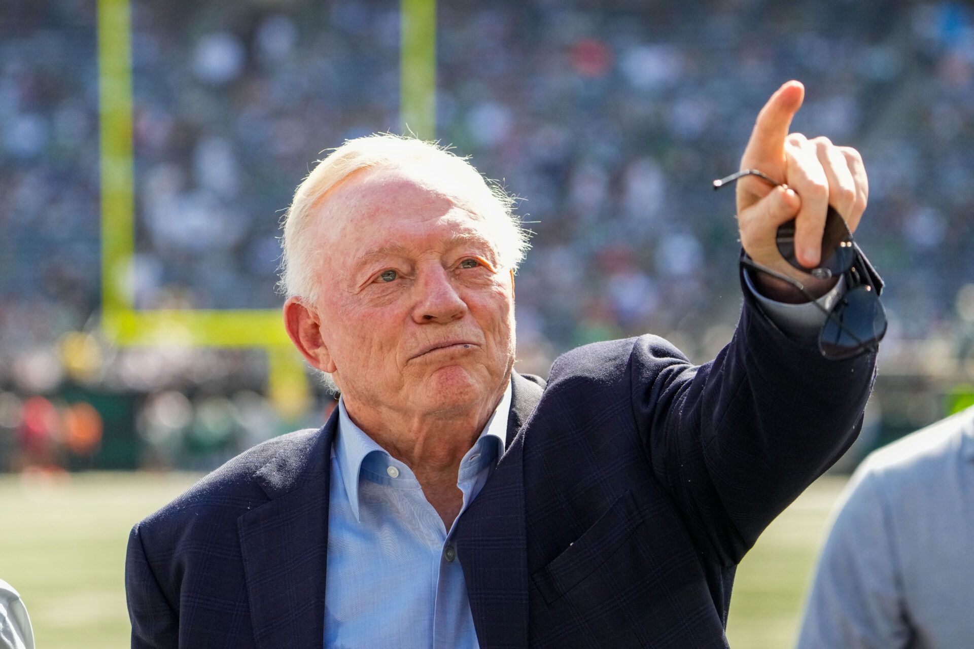 Dallas Cowboys Owner, President and general manager Jerry Jones stands on the field prior to a game against the New York Jets  at MetLife Stadium.