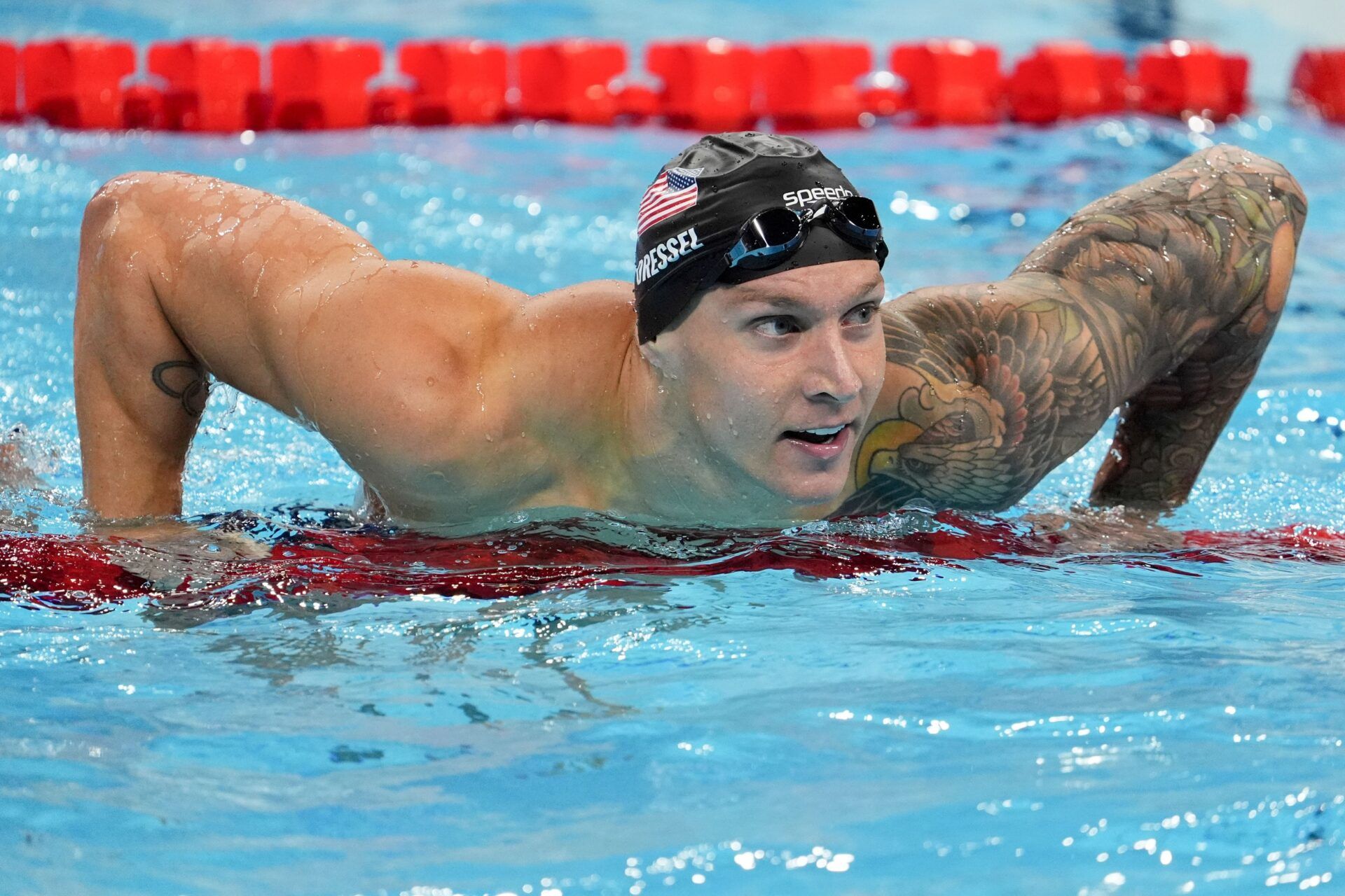 Caeleb Dressel (USA) in the men’s 4 x 100-meter medley relay final during the Paris 2024 Olympic Summer Games at Paris La Défense Arena.