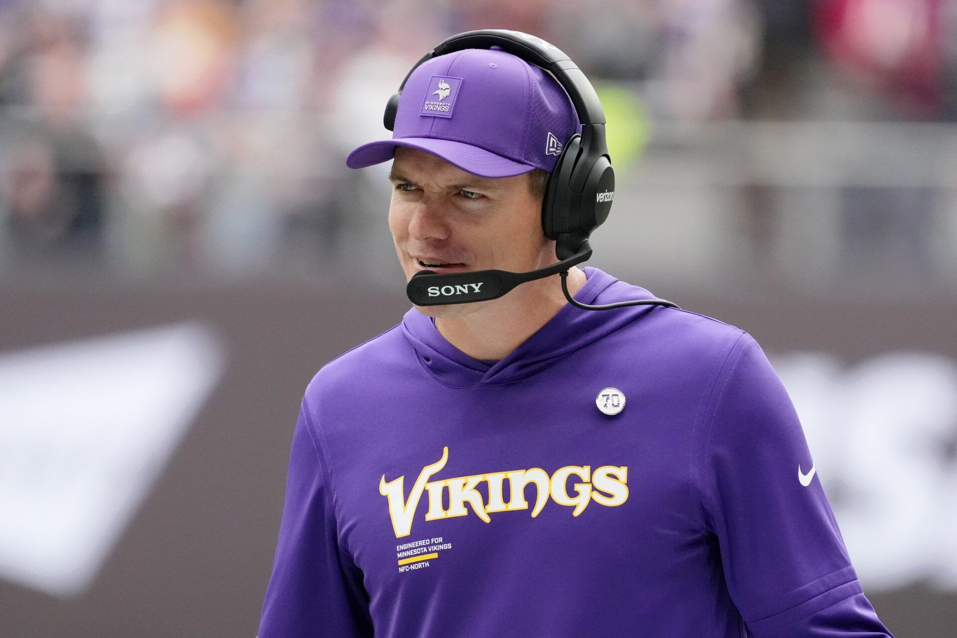 Minnesota Vikings head coach Kevin O'Connell reacts after a play against the Cleveland Browns during the second quarter of an NFL International Series game at Tottenham Hotspur Stadium.