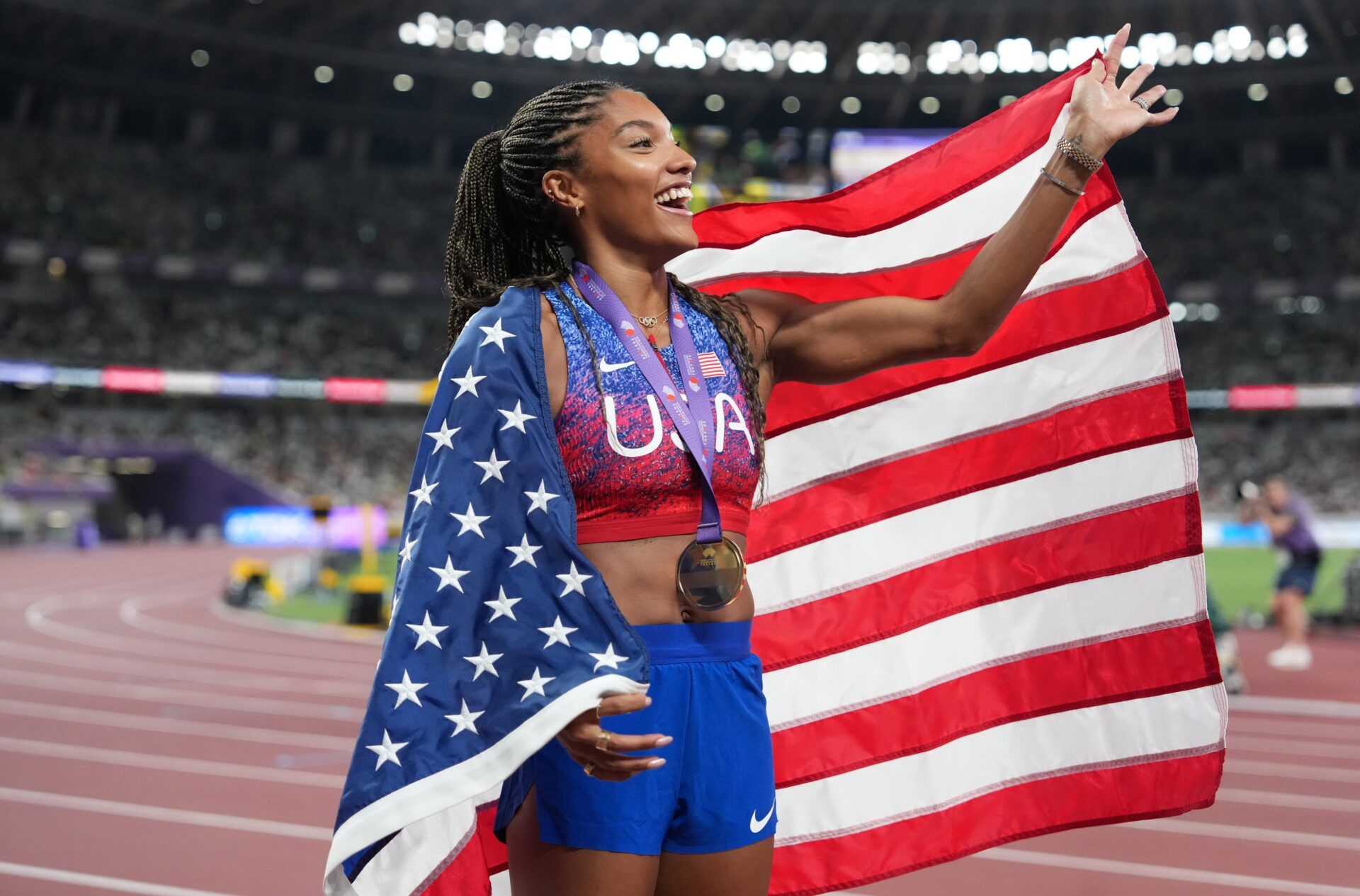 Tara Davis-Woodhall (USA) celebrates after winning the gold medal in the women’s long jump during the World Athletic Championships at National Stadium.