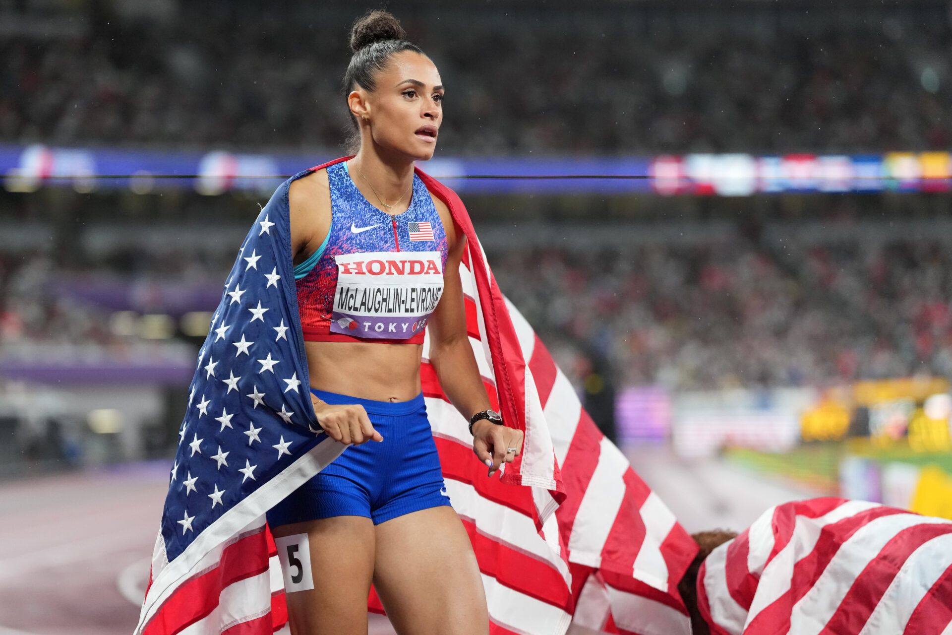 Sydney Mclaughlin-Levrone (USA) after winning gold in the womens 4x400m relay final at National Stadium.