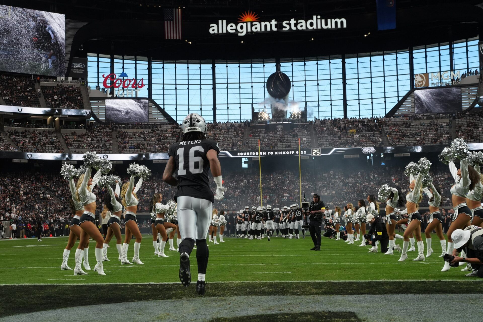 A general overall view as Las Vegas Raiders wide receiver Jakobi Meyers (16) enters the field before the game against the Jacksonville Jaguars at Allegiant Stadium.