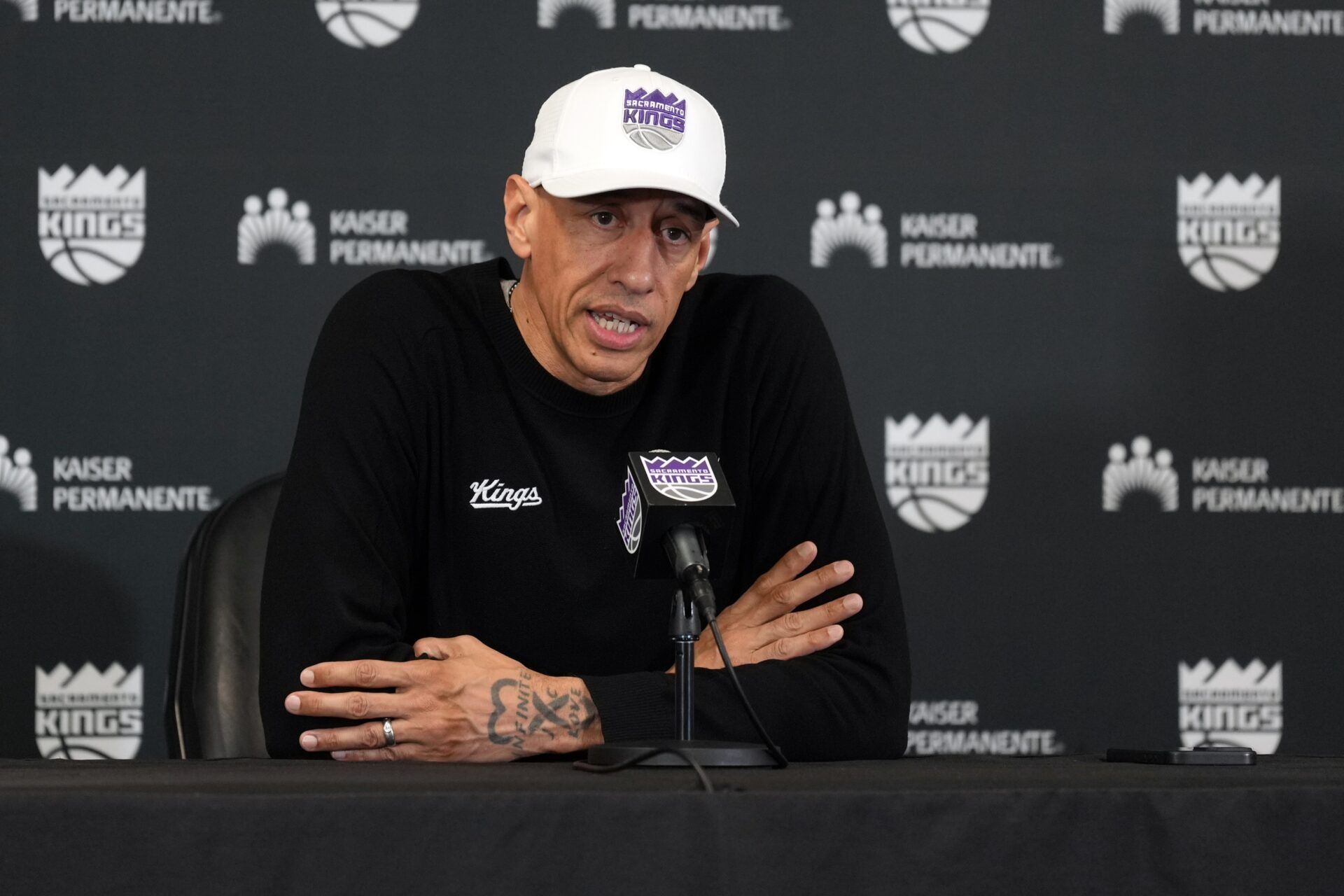 Sacramento Kings interim head coach Doug Christie talks to media members before the game against the Milwaukee Bucks at Golden 1 Center.