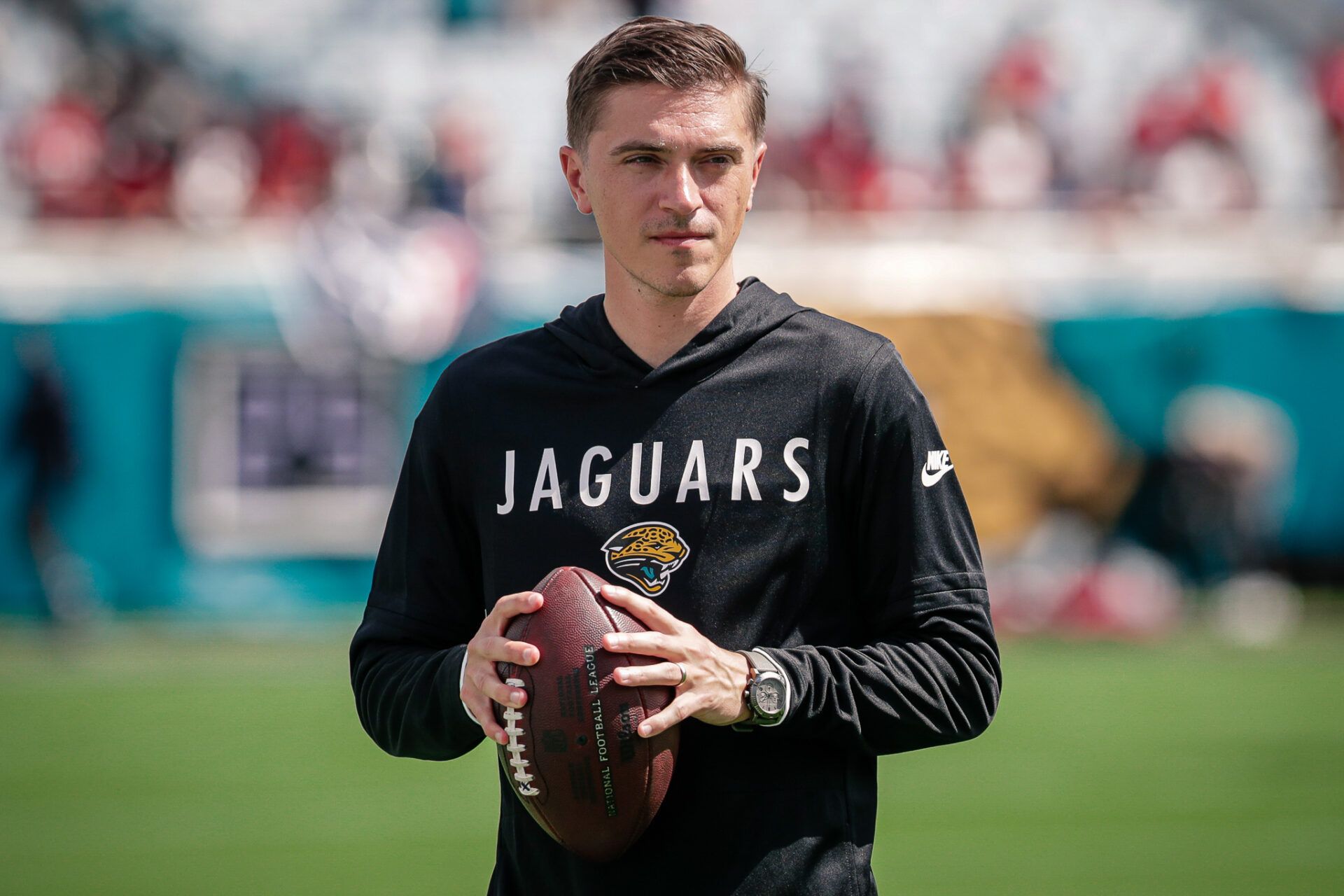 Jacksonville Jaguars general manager James Gladstone on the field during pregame against the Houston Texans at EverBank Stadium.