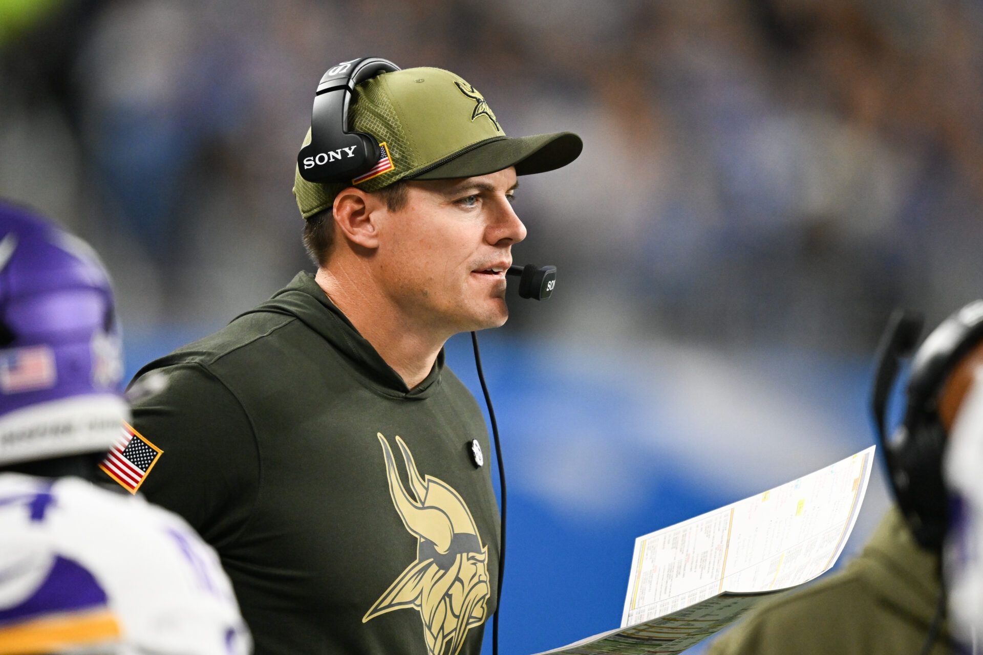 Minnesota Vikings head coach Kevin O'Connell looks on during the first quarter against the Detroit Lions at Ford Field.