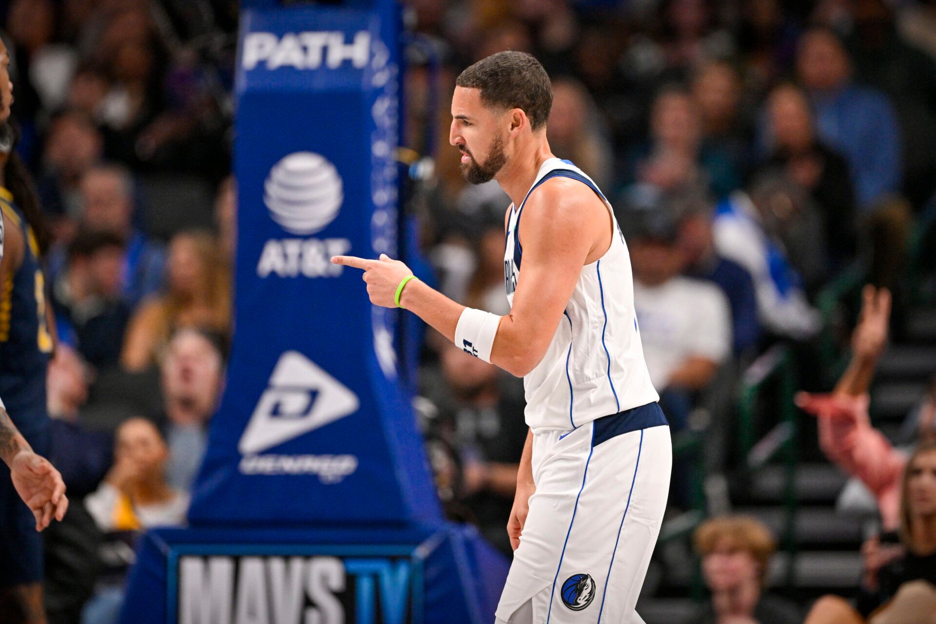 Dallas Mavericks guard Klay Thompson (31) celebrates after making a three point against the Indiana Pacers during the second quarter at the American Airlines Center.