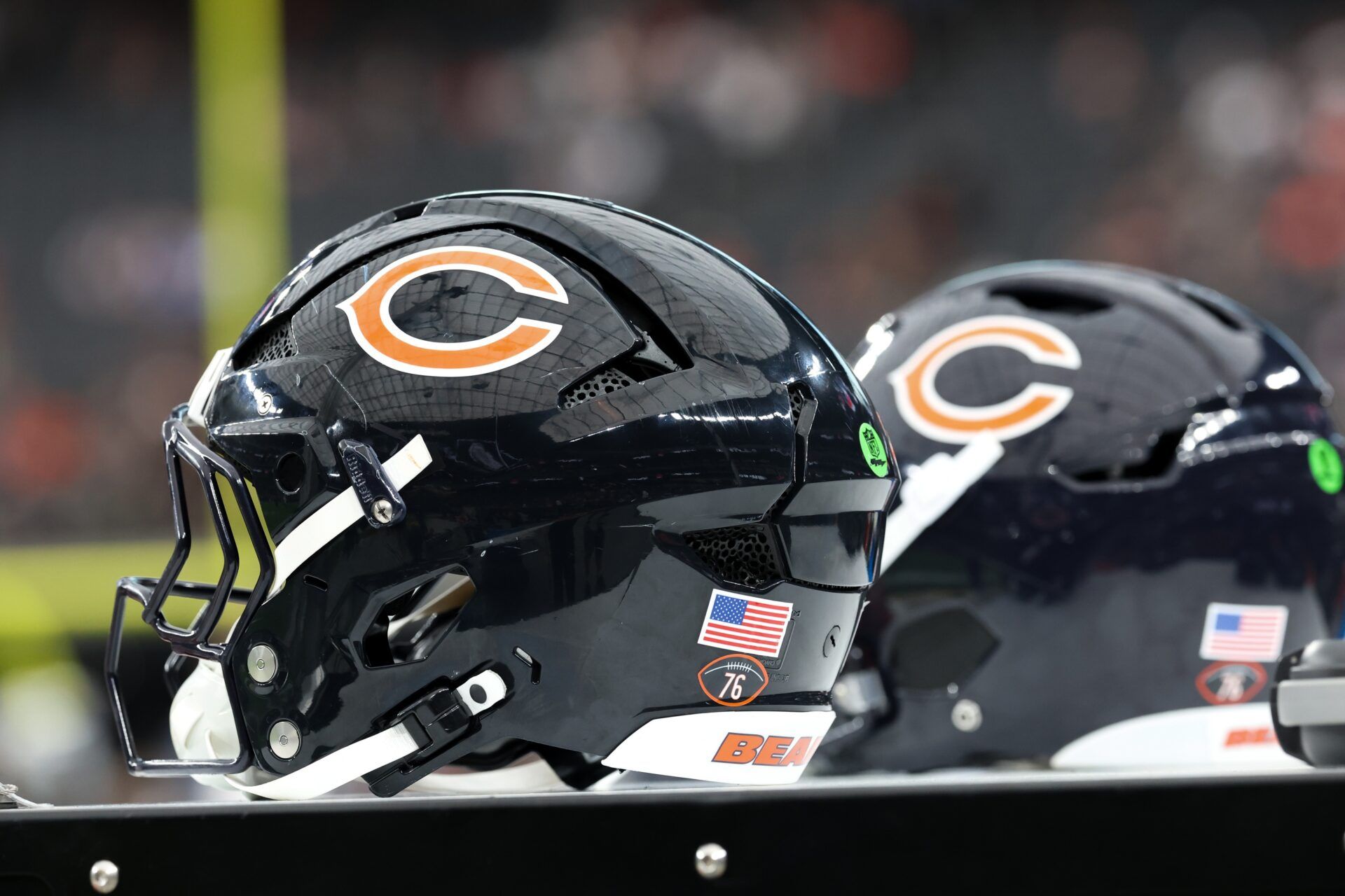 A general view of Chicago Bears helmets before the start of the game against Las Vegas Raiders at Allegiant Stadium.