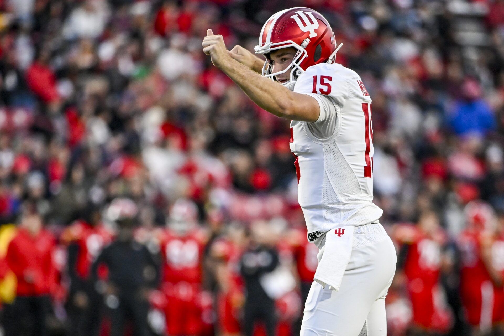 Indiana Hoosiers quarterback Fernando Mendoza (15) celebrates after a touchdown during the second half against the Maryland Terrapins at SECU Stadium.