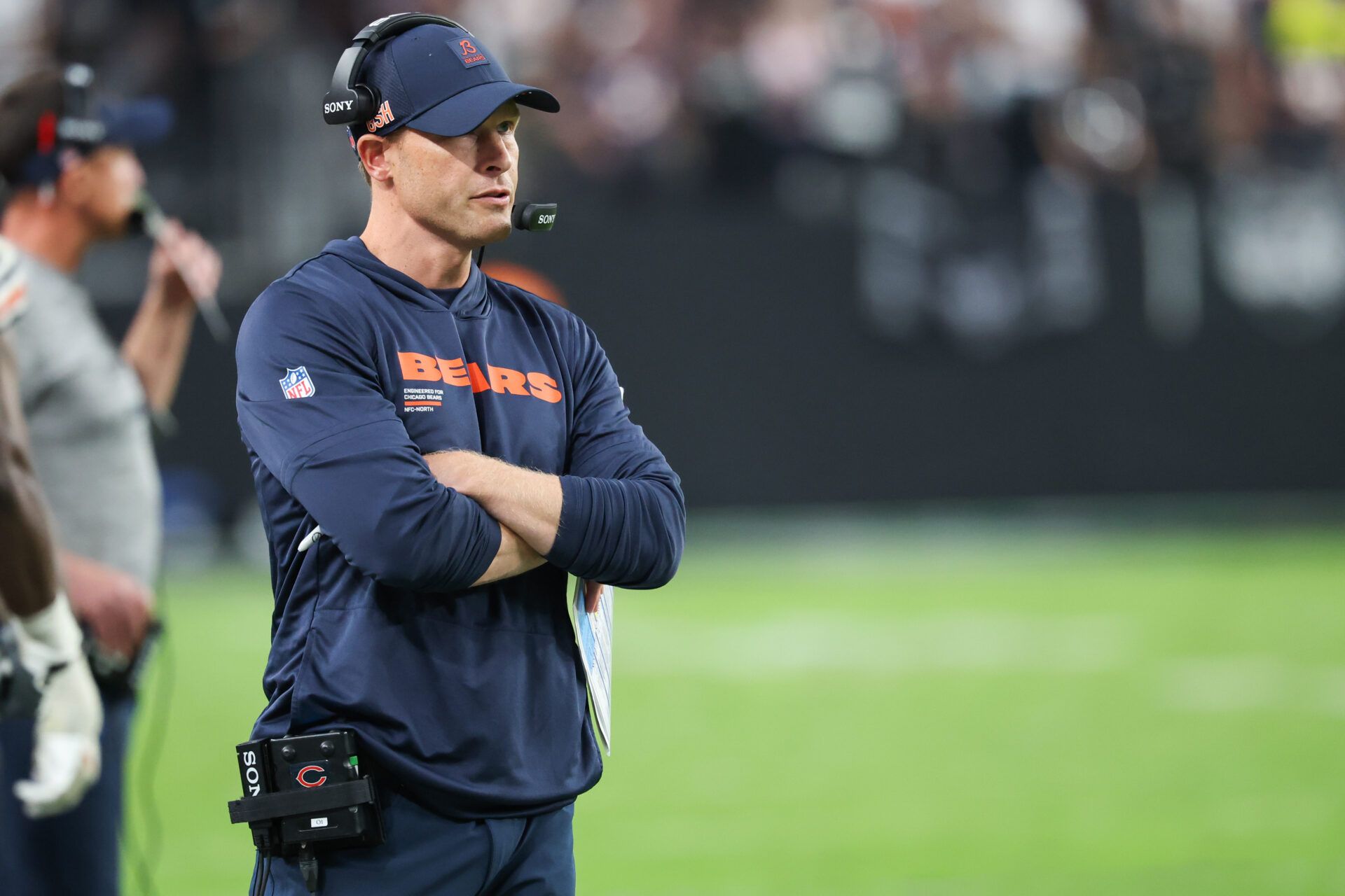 Chicago Bears head coach Ben Johnson looks on from the sideline during the second half against the Las Vegas Raiders at Allegiant Stadium.