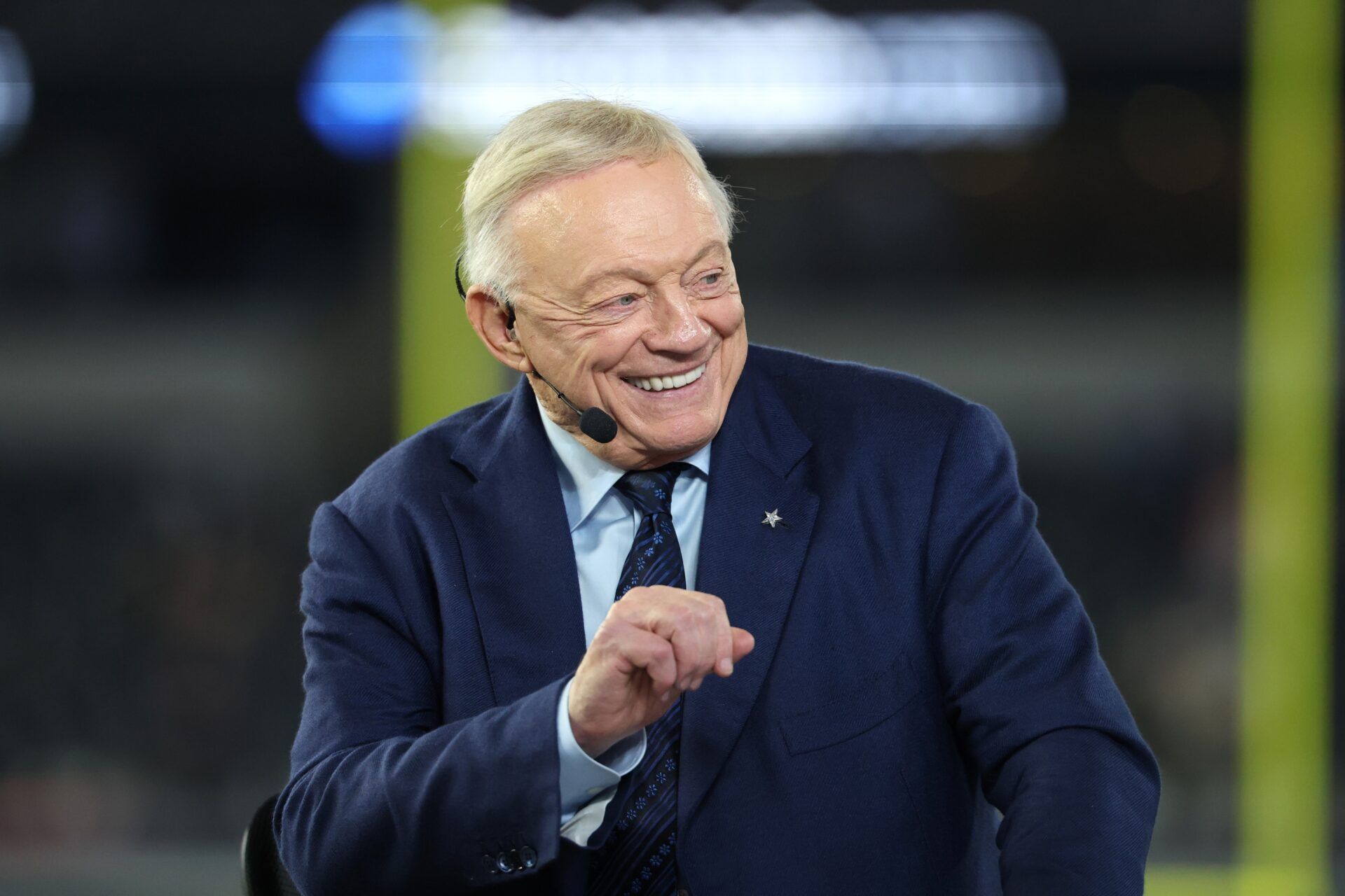 Dallas Cowboys owner Jerry Jones talks before the game against the Arizona Cardinals at AT&T Stadium.