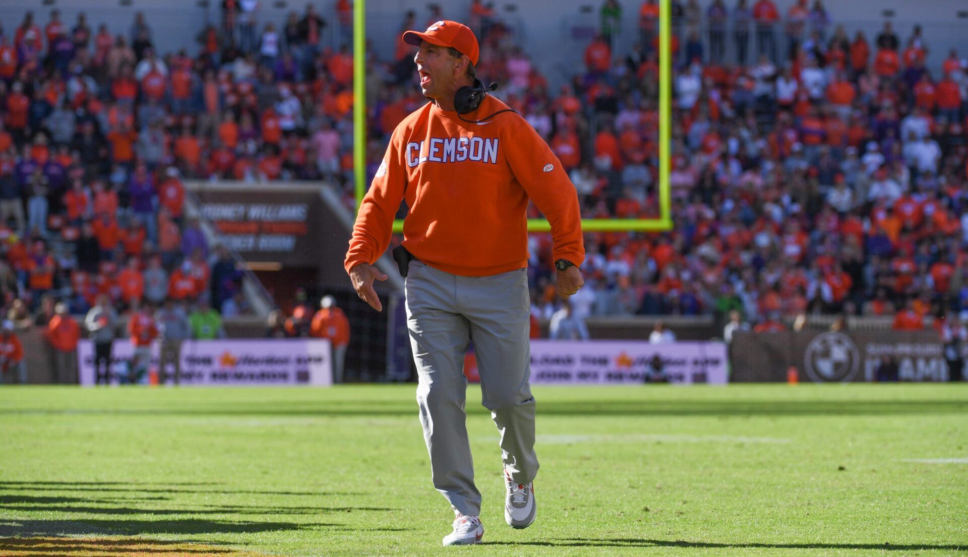 Clemson Tigers head coach Dabo Swinney yells down field Saturday, Nov. 1, 2025, during the NCAA football game against the Duke Blue Devils at Memorial Stadium in Clemson, South Carolina.