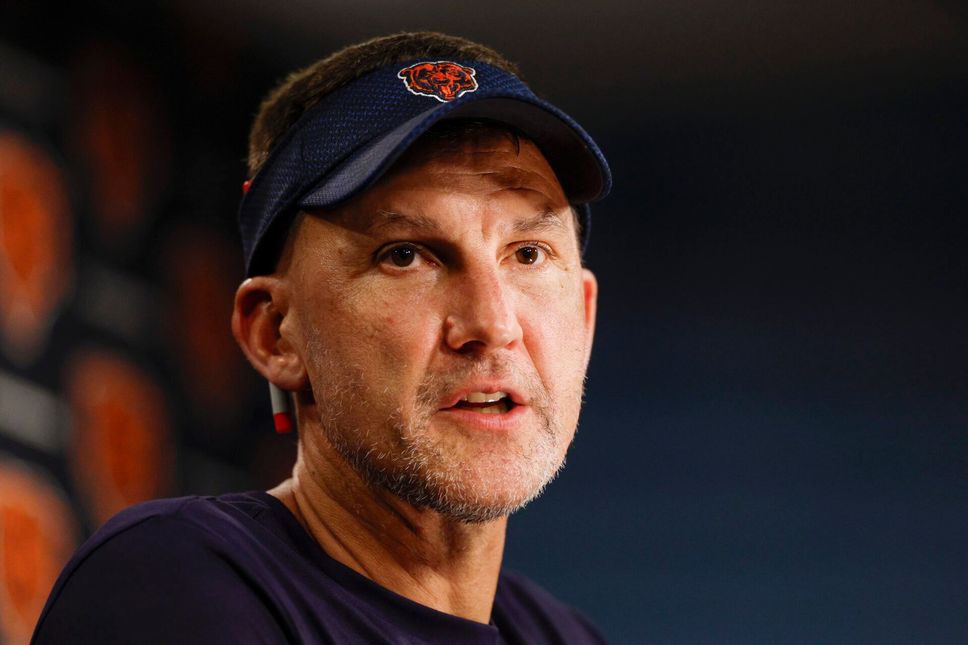 Chicago Bears defensive coordinator Dennis Allen speaks during training camp at Halas Hall.