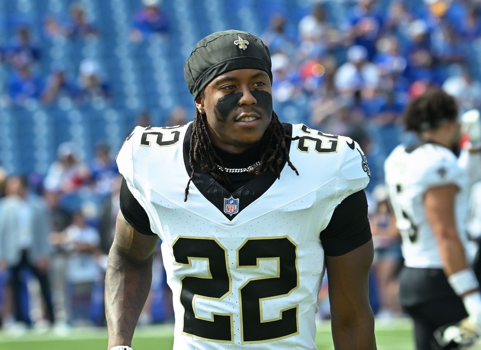New Orleans Saints wide receiver Rashid Shaheed (22) warms up before a game against the Buffalo Bills at Highmark Stadium.