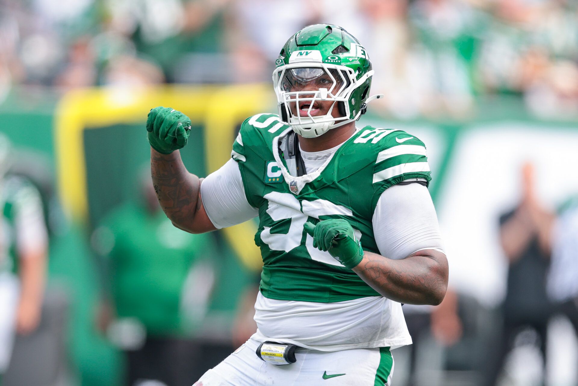 New York Jets defensive tackle Quinnen Williams (95) celebrates after a defensive stop during the game against the Pittsburgh Steelers at MetLife Stadium.