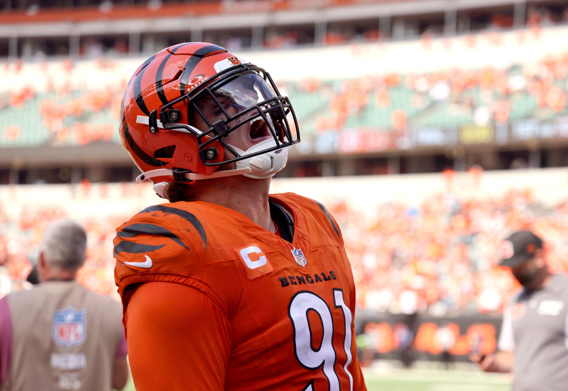 Cincinnati Bengals defensive end Trey Hendrickson (91) celebrates the win after the game against the Jacksonville Jaguars at Paycor Stadium.