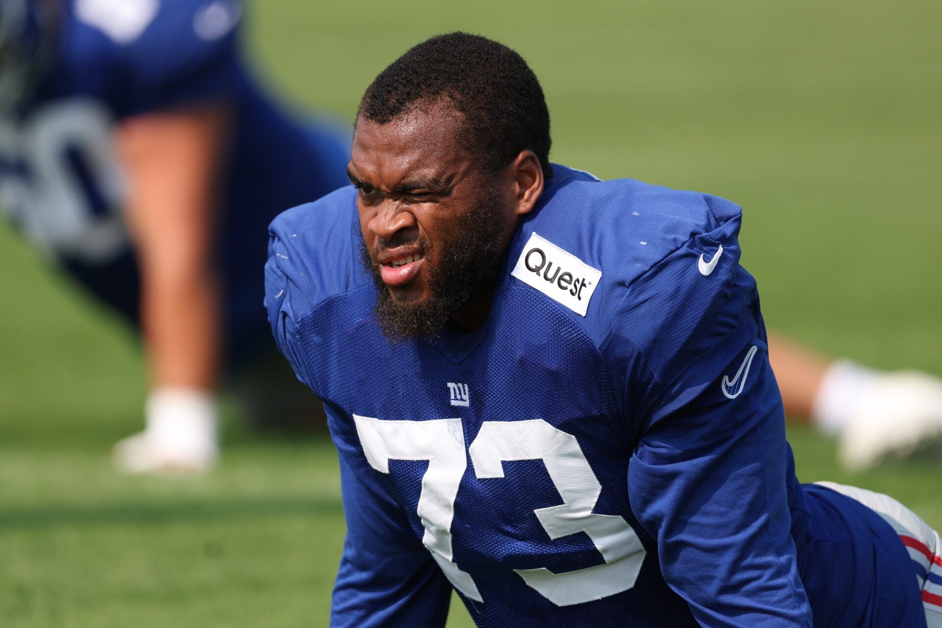 New York Giants offensive tackle Evan Neal (73) on the field during training camp at Quest Diagnostics Training Center.