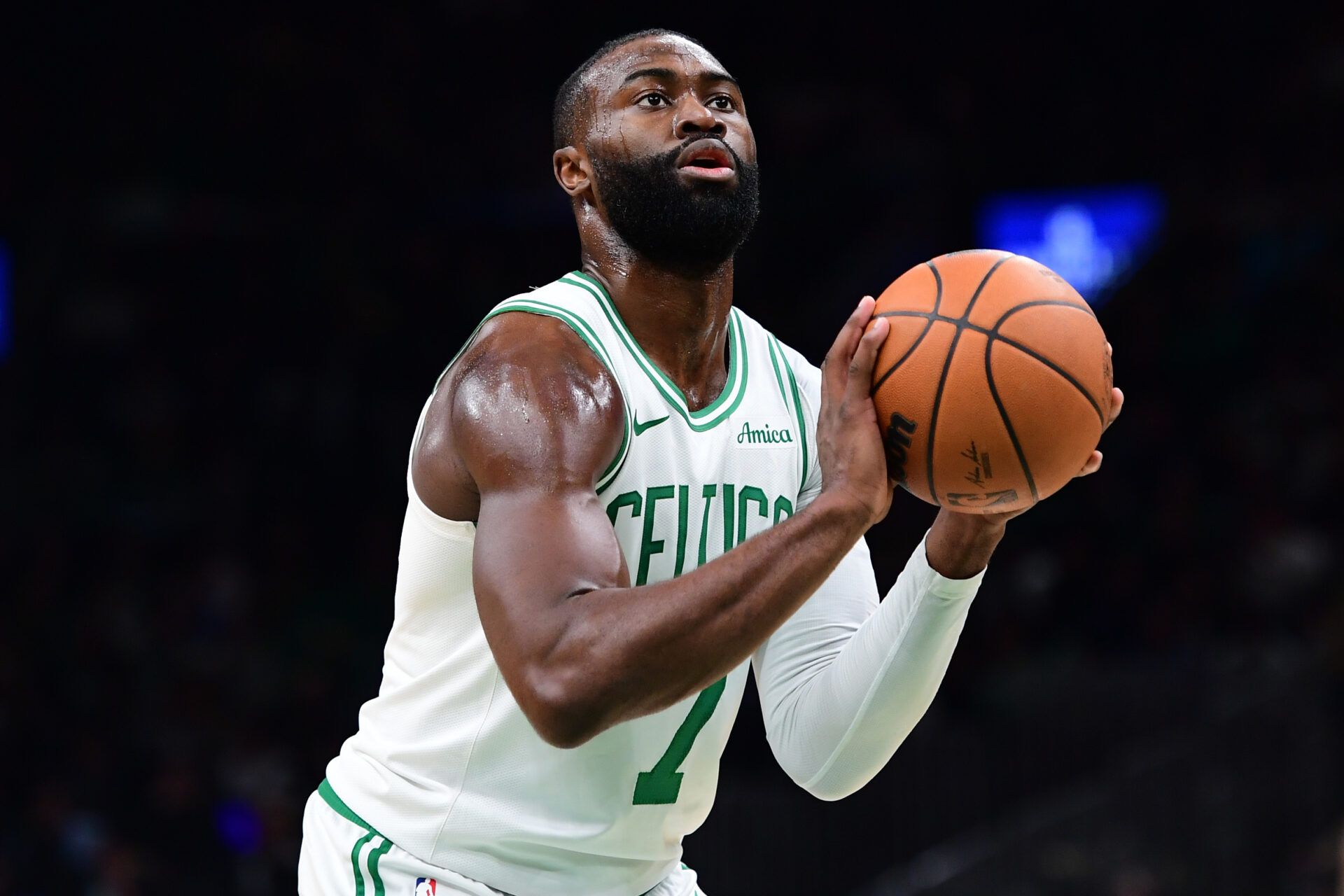 Boston Celtics guard Jaylen Brown (7) shoots a free throw during the first half against the Utah Jazz at TD Garden.