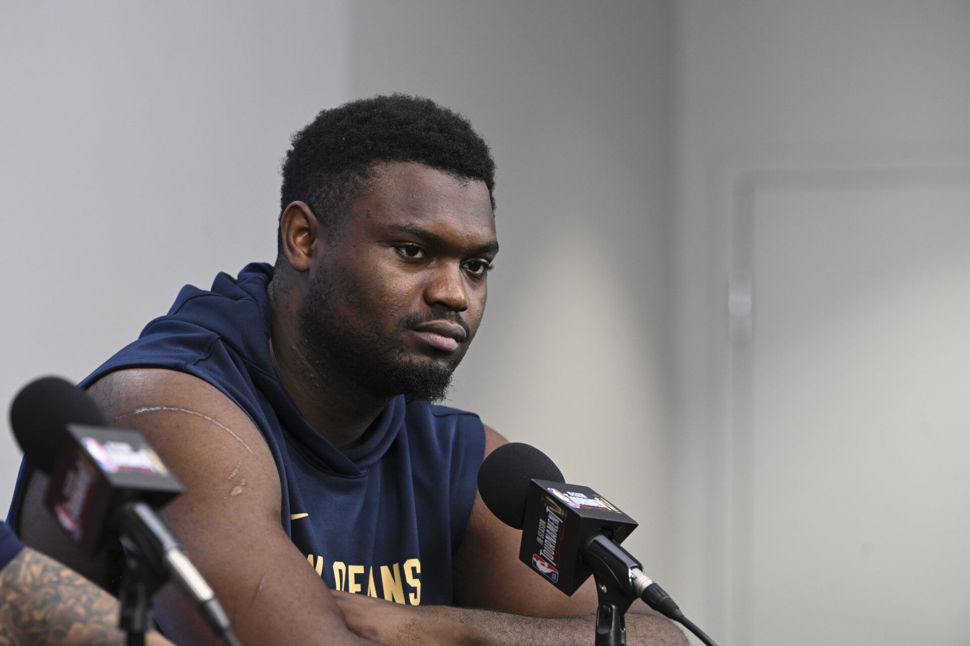 New Orleans Pelicans forward Zion Williamson (1) addresses the media in a press conference during practice day prior to the In-Season Tournament semi-finals at T-Mobile Arena.