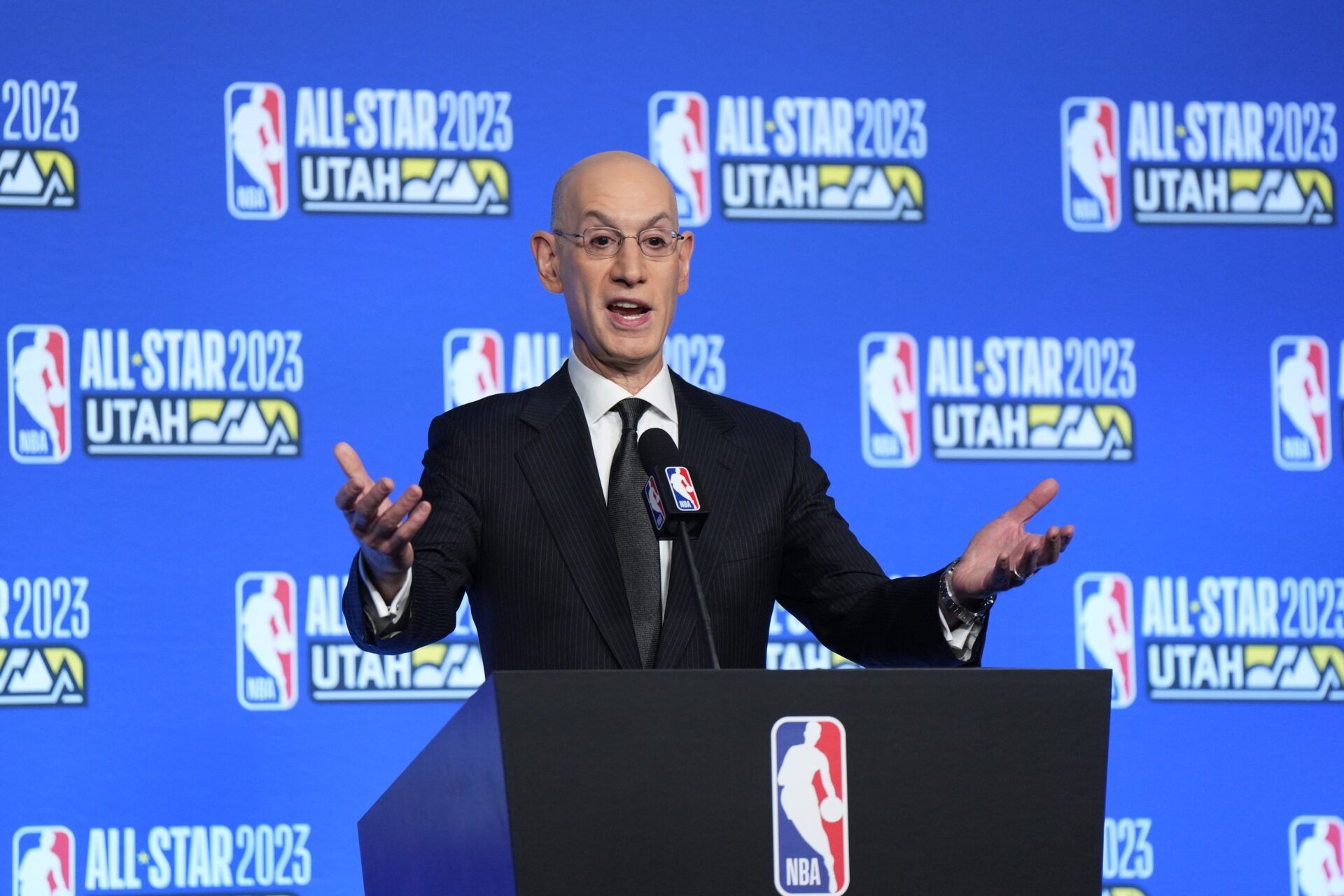 NBA commissioner Adam Silver speaks in a press conference during the 2023 All Star Saturday Night at Vivint Arena.