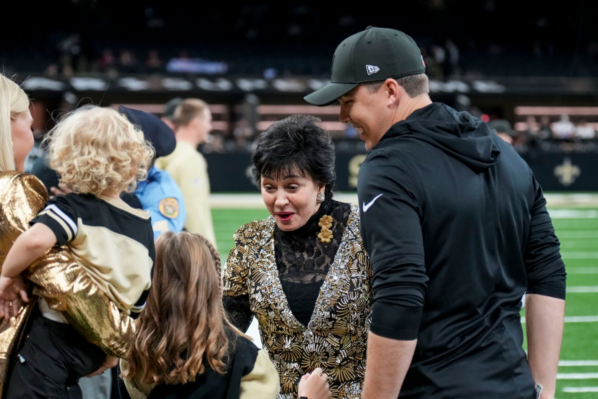New Orleans Saints head coach Kellen Moore and owner Gayle Benson before the game against the Arizona Cardinals at Caesars Superdome.