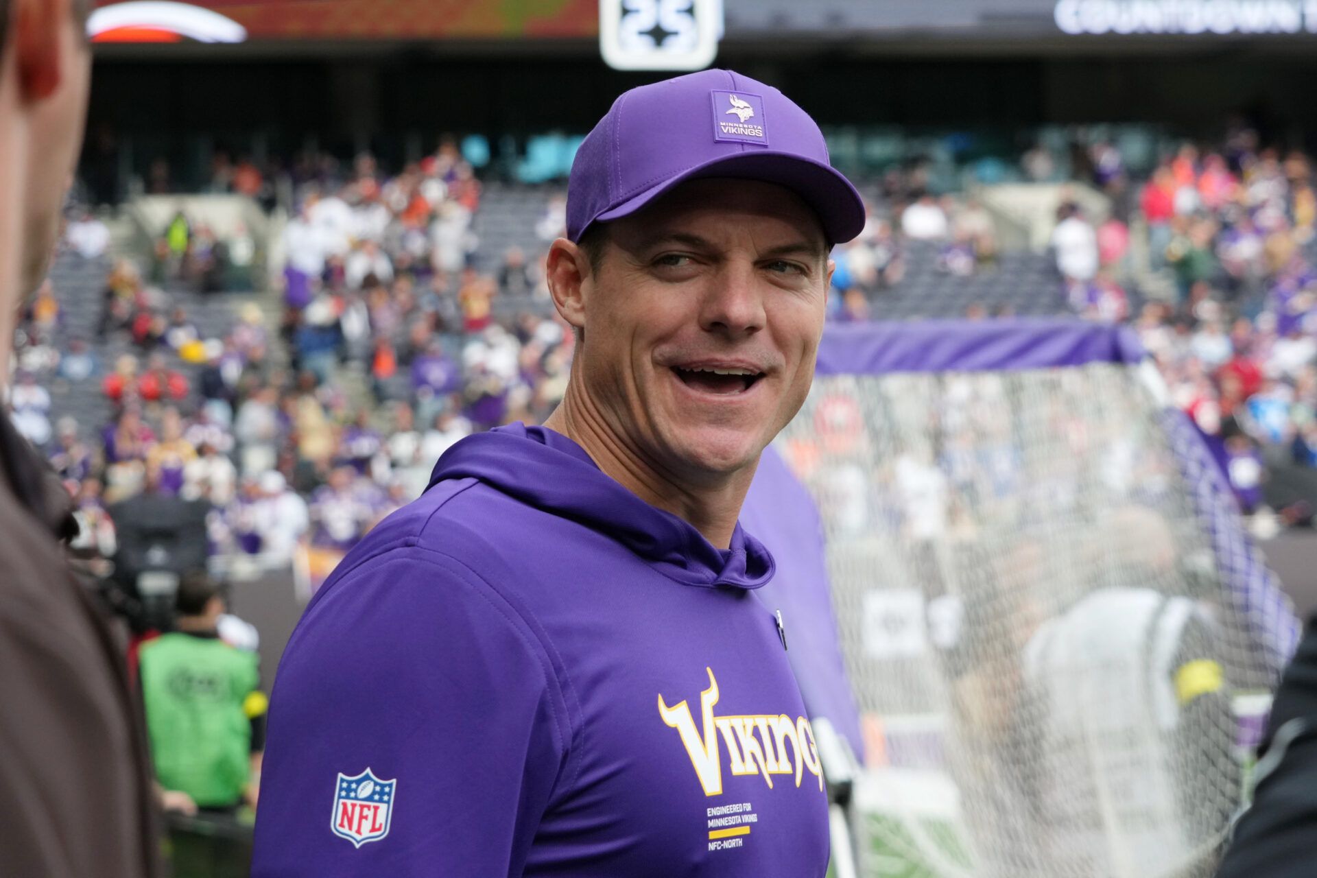 Minnesota Vikings head coach Kevin O'Connell on the sideline during warmups before an NFL International Series game between the Minnesota Vikings and the Cleveland Browns at Tottenham Hotspur Stadium.